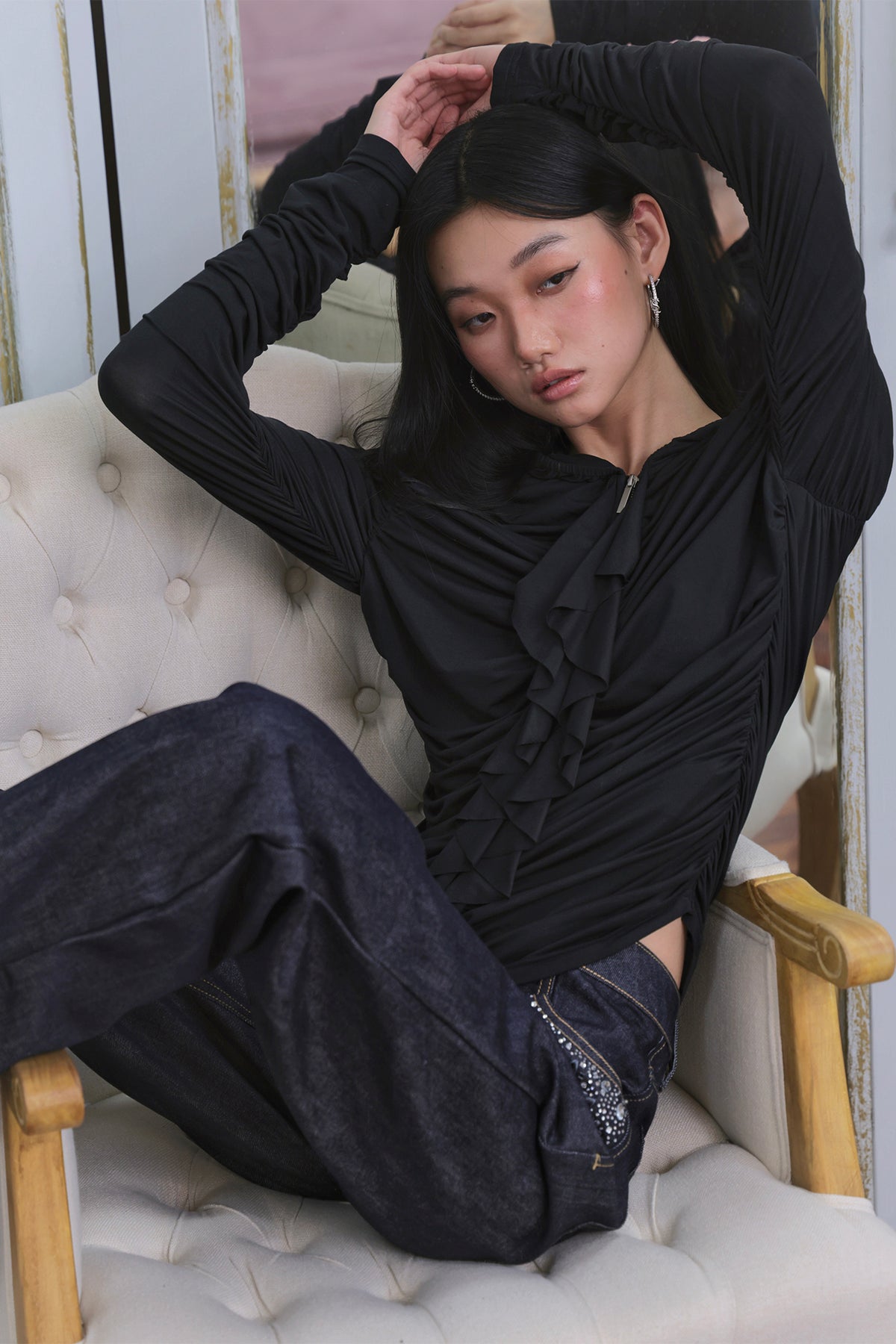 FAYCHUI Ruched Ruffle-Front Zip-Up Hoodie