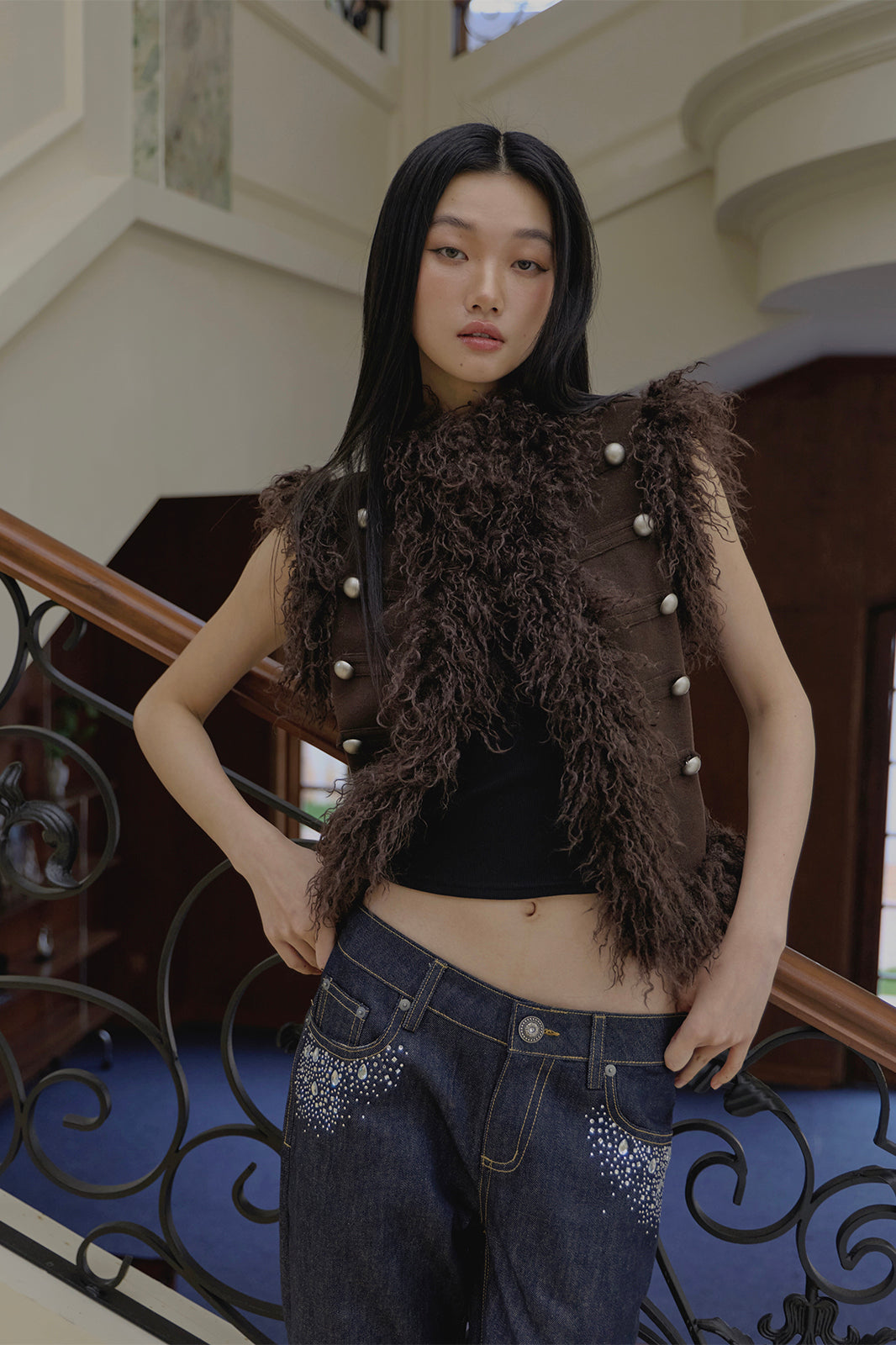 FAYCHUI Faux Fur Trim Button Vest