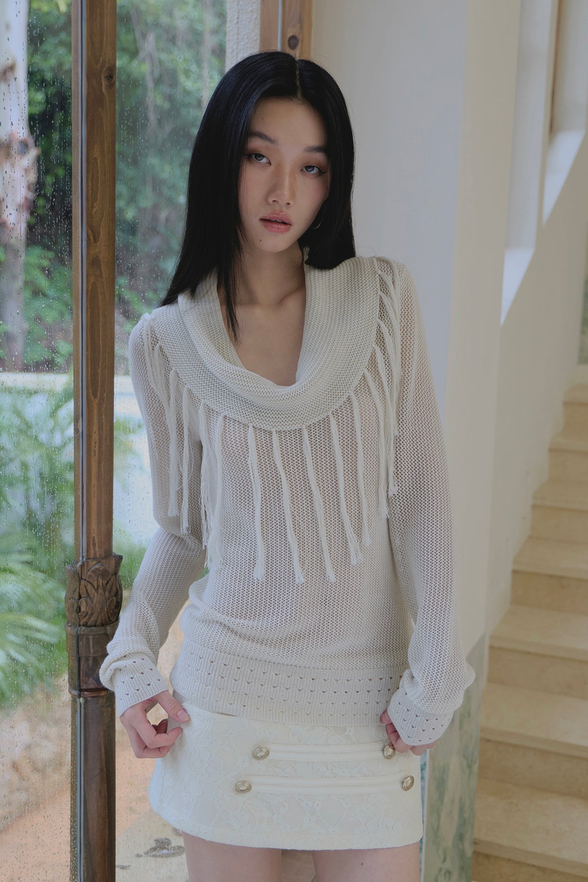 FAYCHUI Open-Knit Fringe Off-Shoulder Top