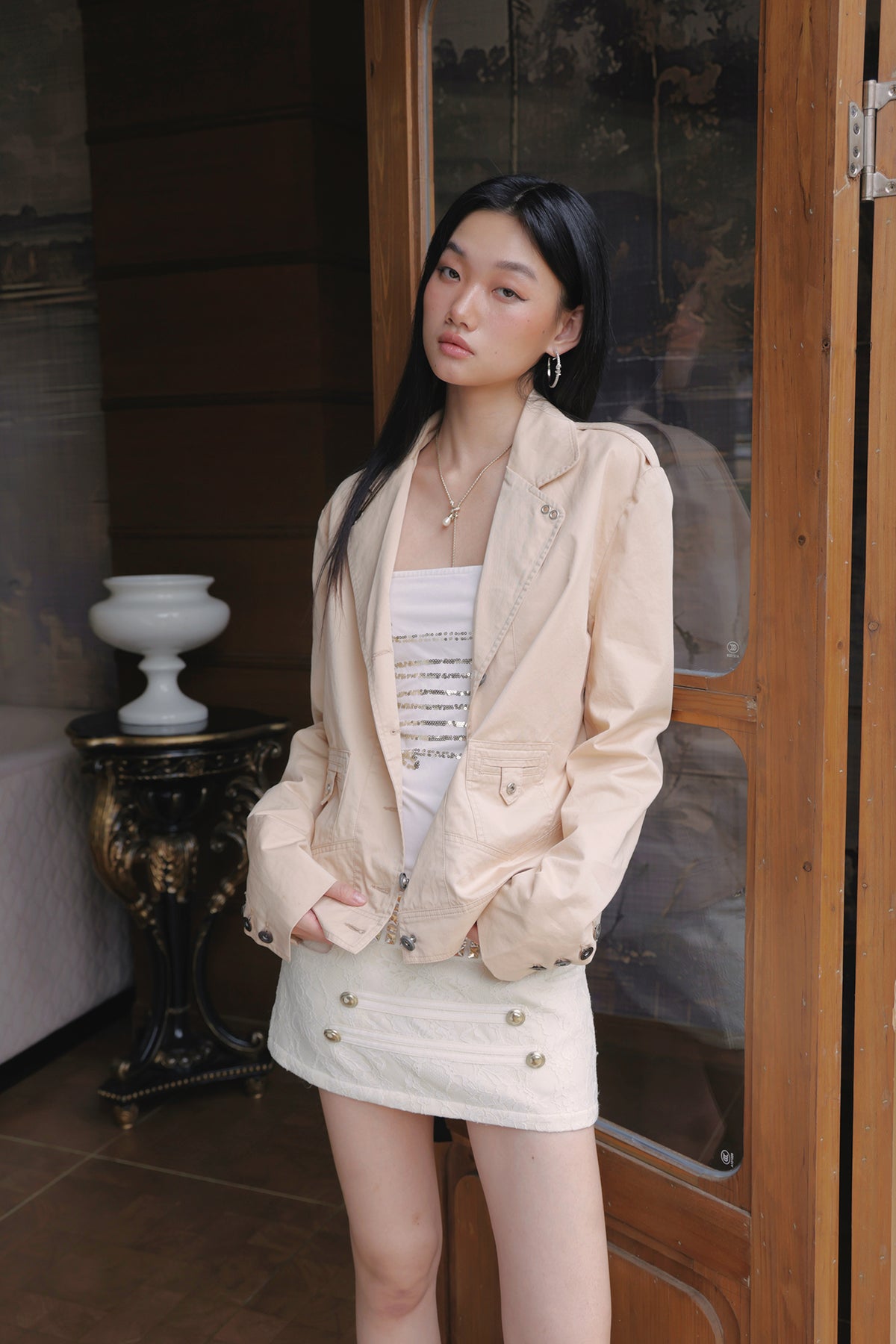 FAYCHUI Rhinestone Jacquard Textured Mini Skirt