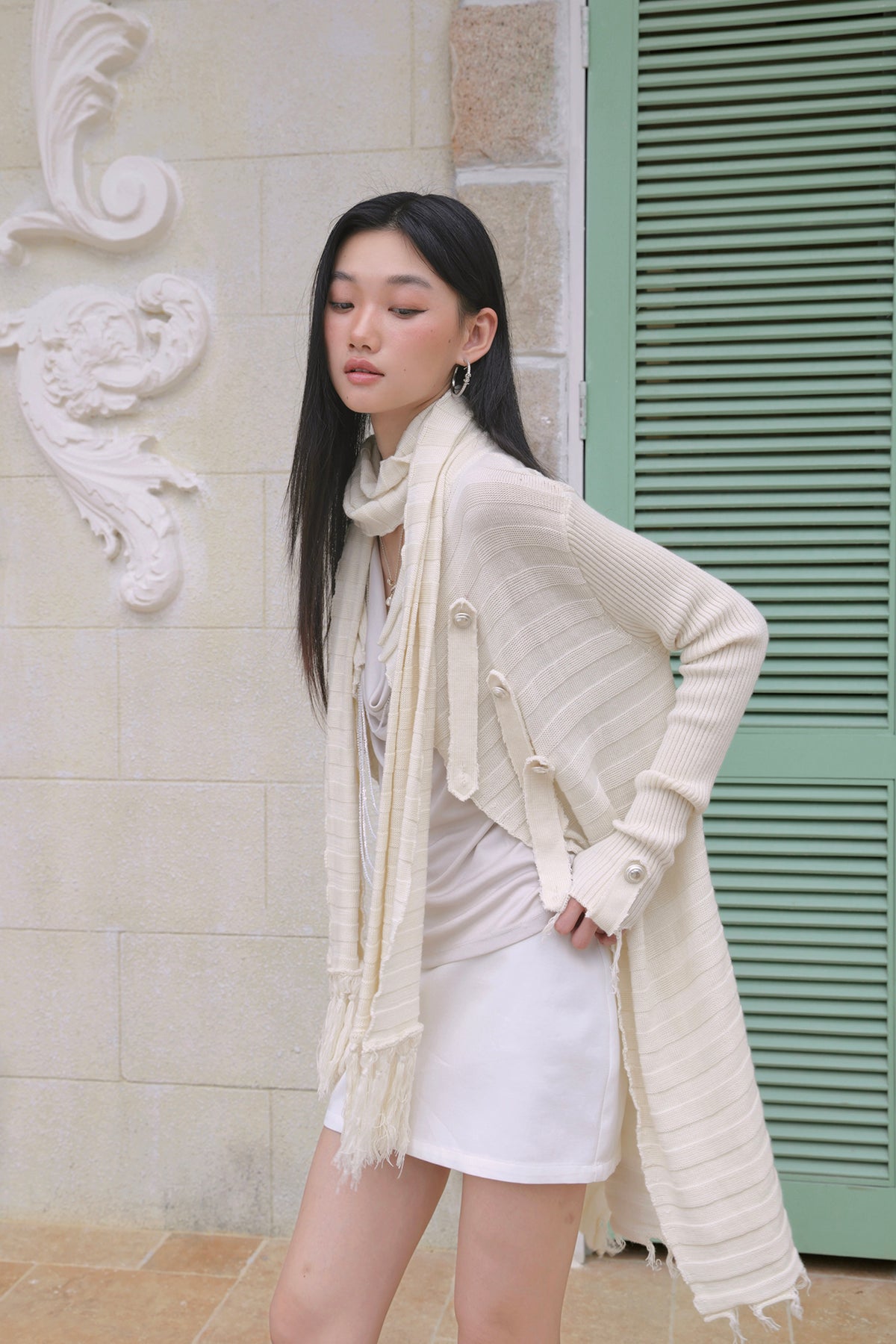 FAYCHUI Frayed-Hem Wool-Blend Asymmetric Cardigan