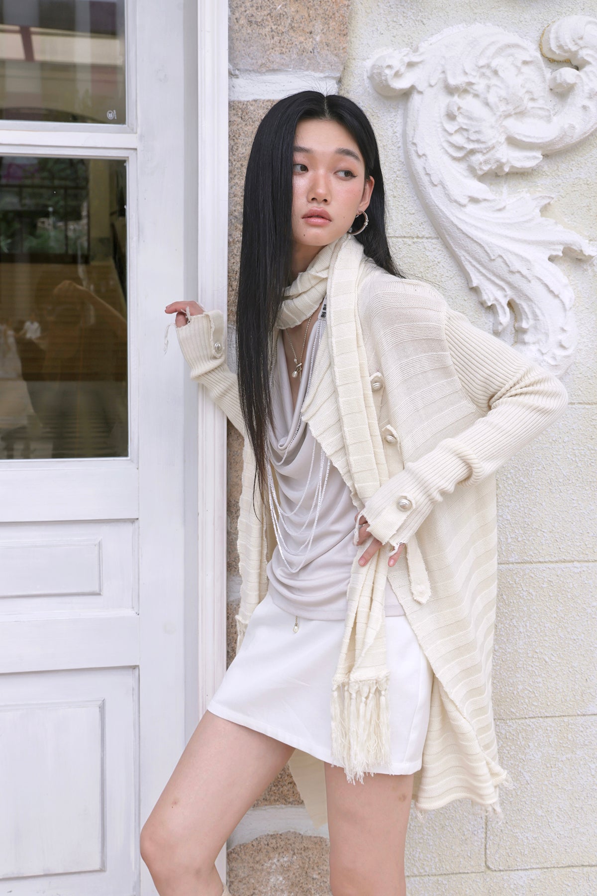 FAYCHUI Frayed-Hem Wool-Blend Asymmetric Cardigan