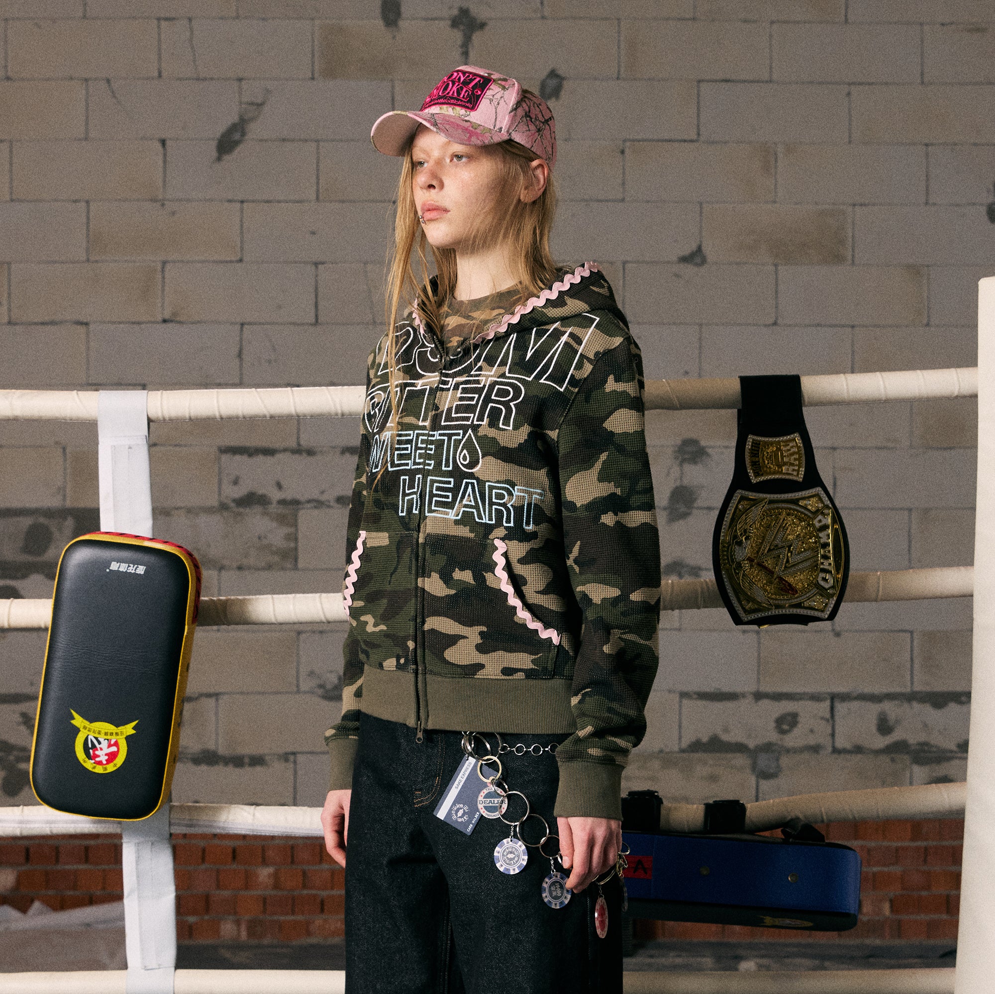 DONSMOKE Camo Wave Trim Waffle Zip-Up Hoodie