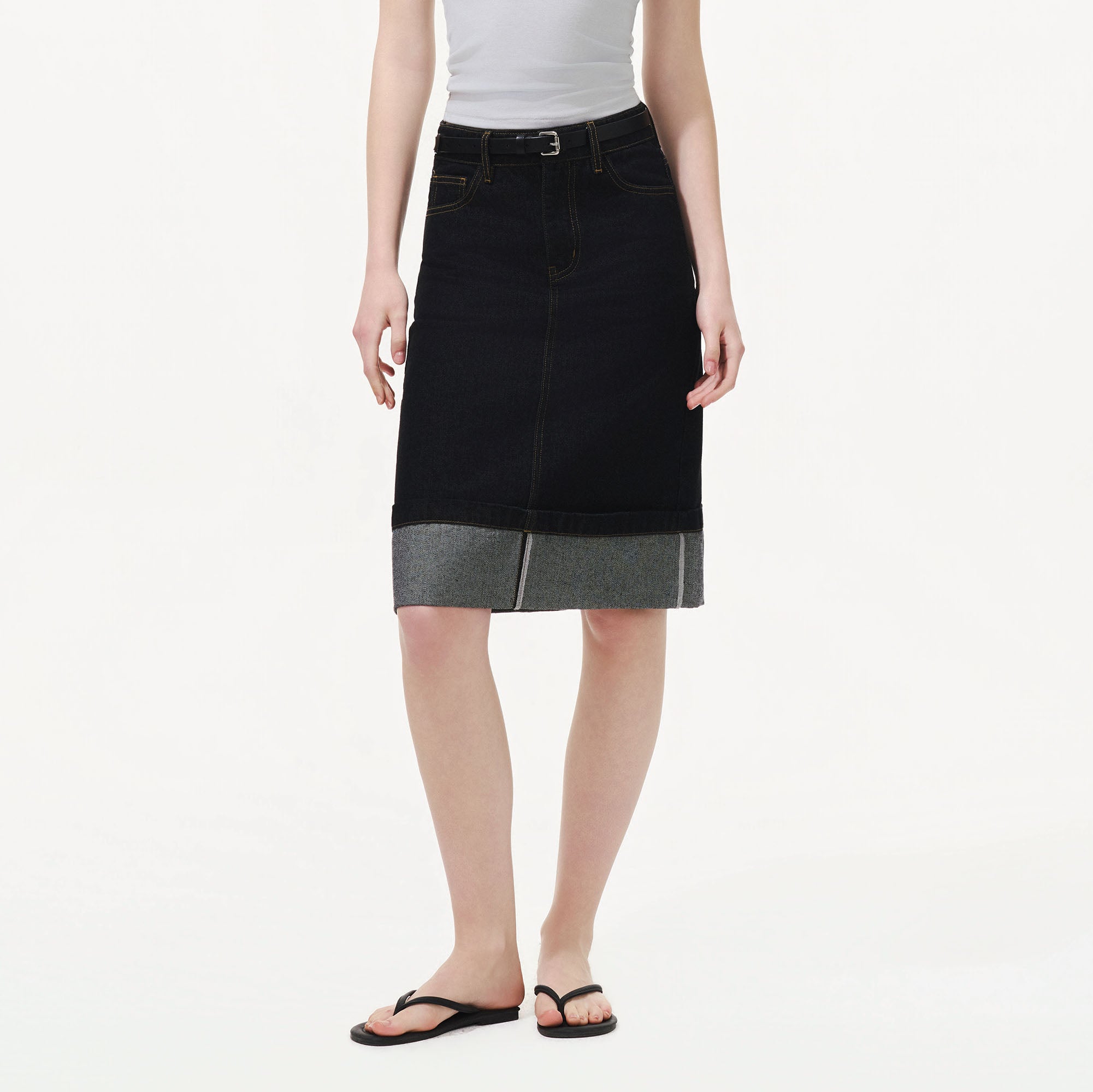 ARTIFICIAL WORLD Modern Rolled-Hem Denim Midi Skirt
