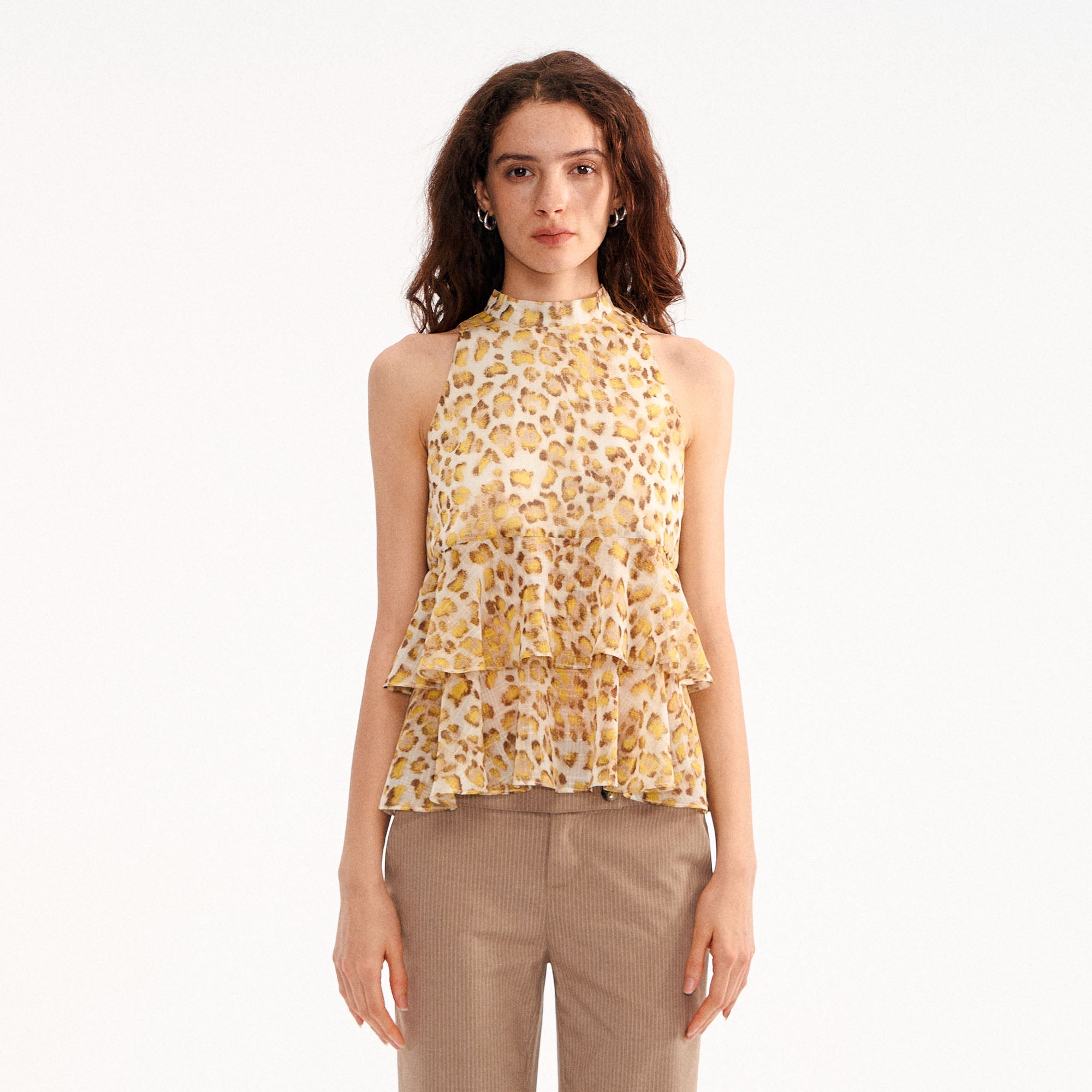 MUSE NAPS Leopard Halter Neck Wave-Hem Tank Top