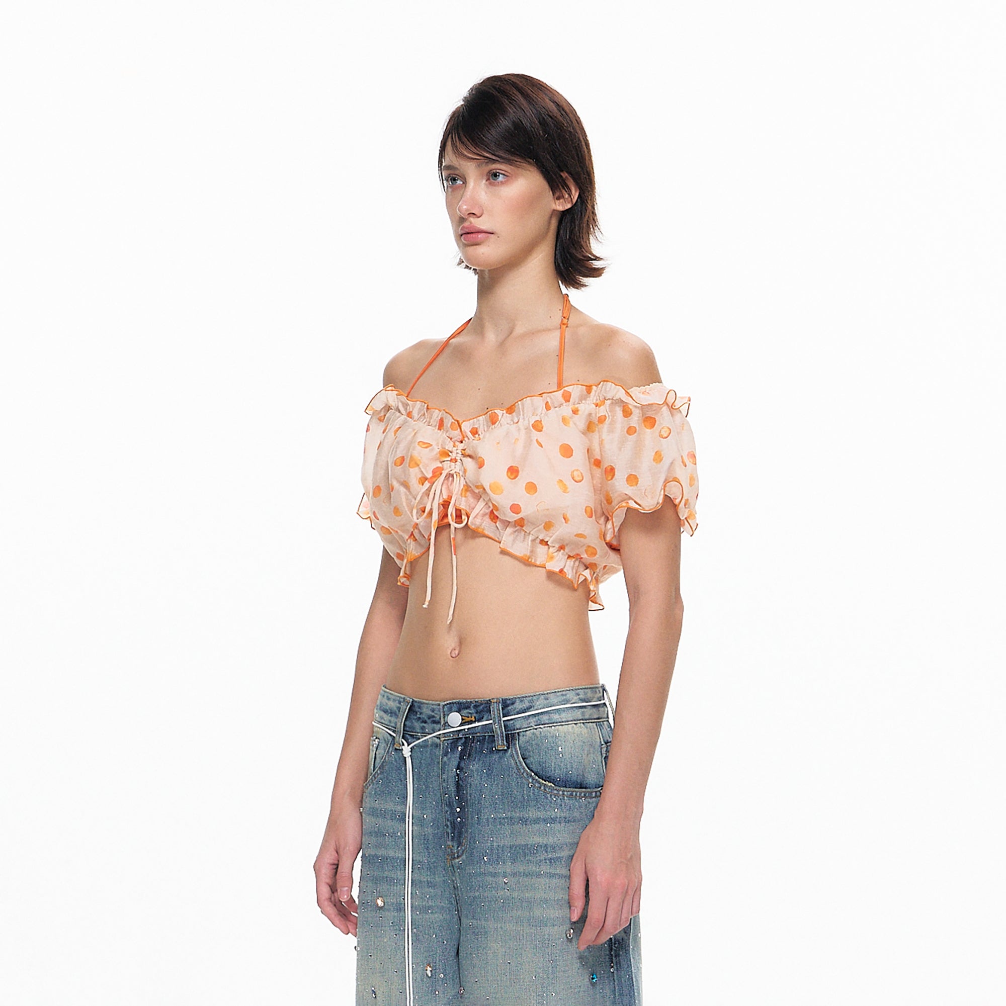 10AMSOTIIIIIIRED Ruched Polka Dot Off-Shoulder Top
