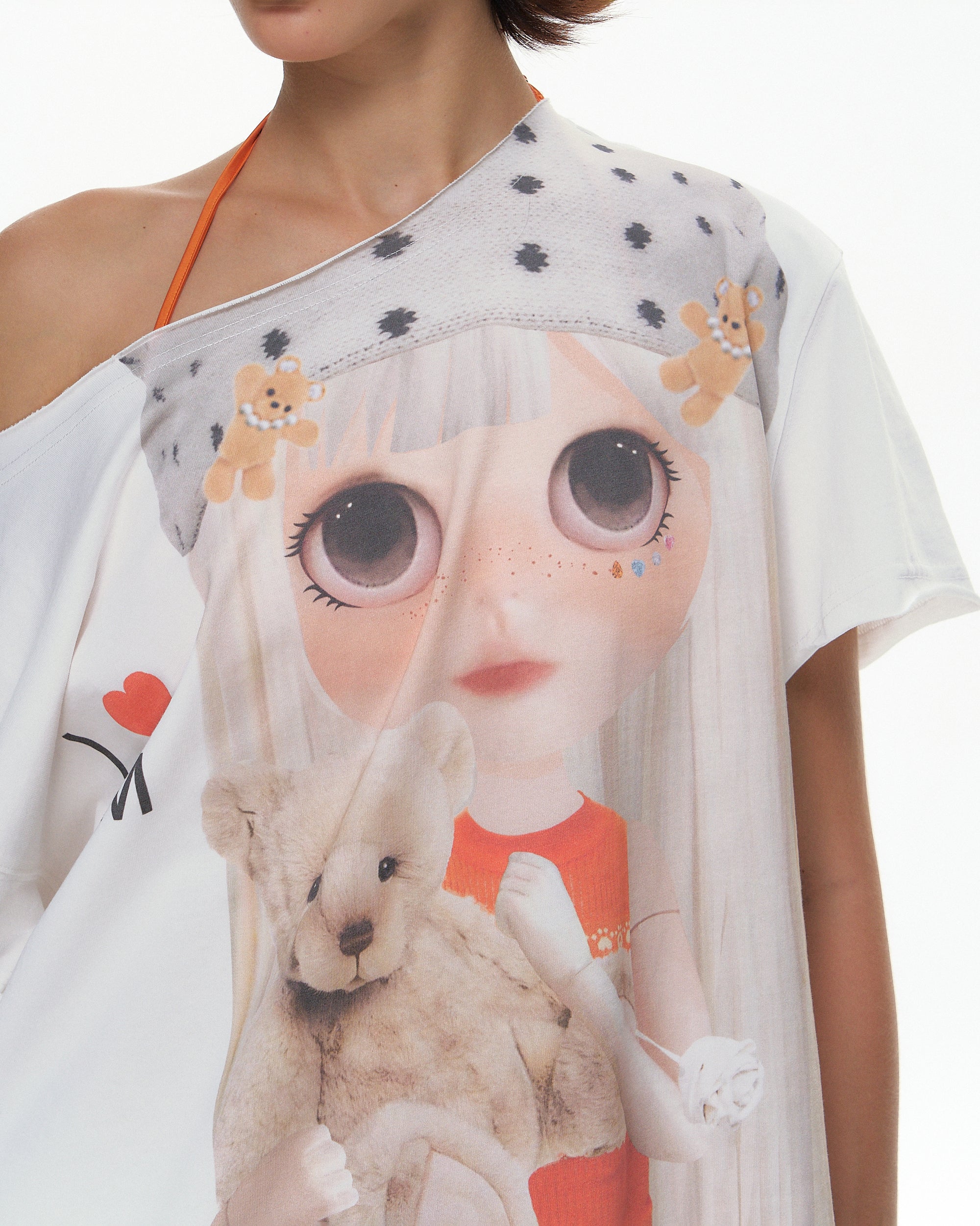 10AMSOTIIIIIIRED Girl And Cat Graphic Off-Shoulder Tee
