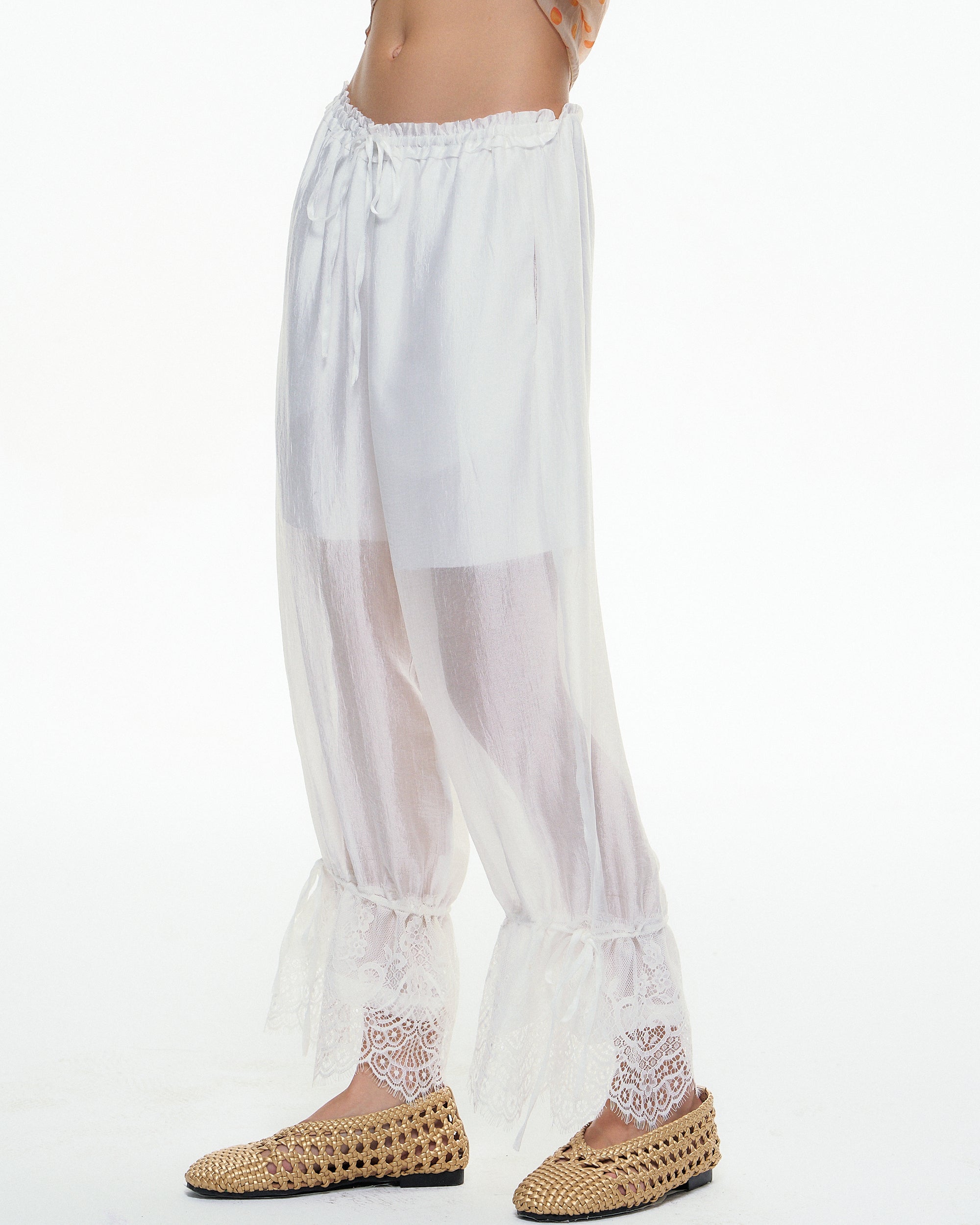 10AMSOTIIIIIIRED Crinkled Sheen Lace Trim Lantern Pants