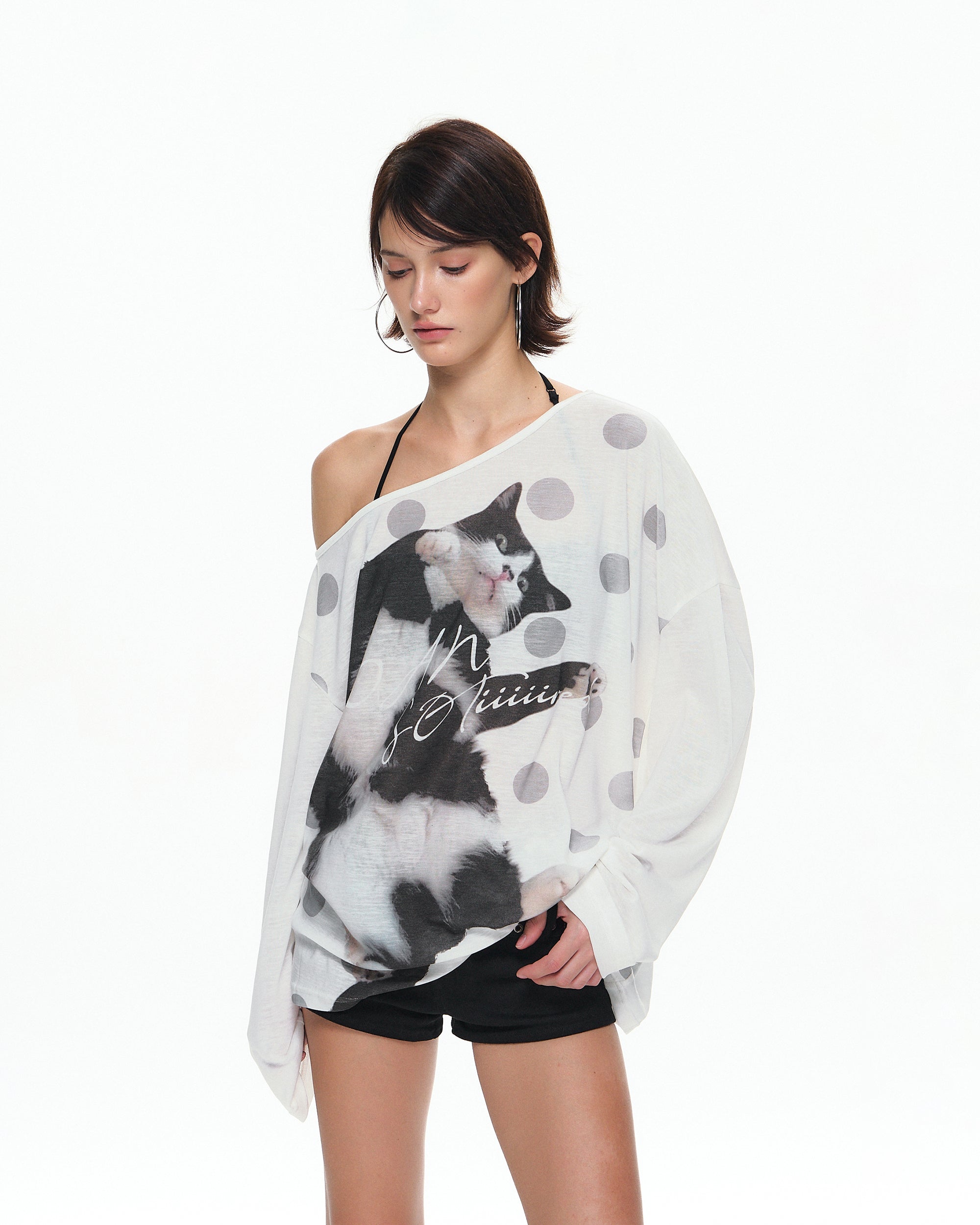 10AMSOTIIIIIIRED Polka Dot Cat Off-Shoulder Long-Sleeve Tee