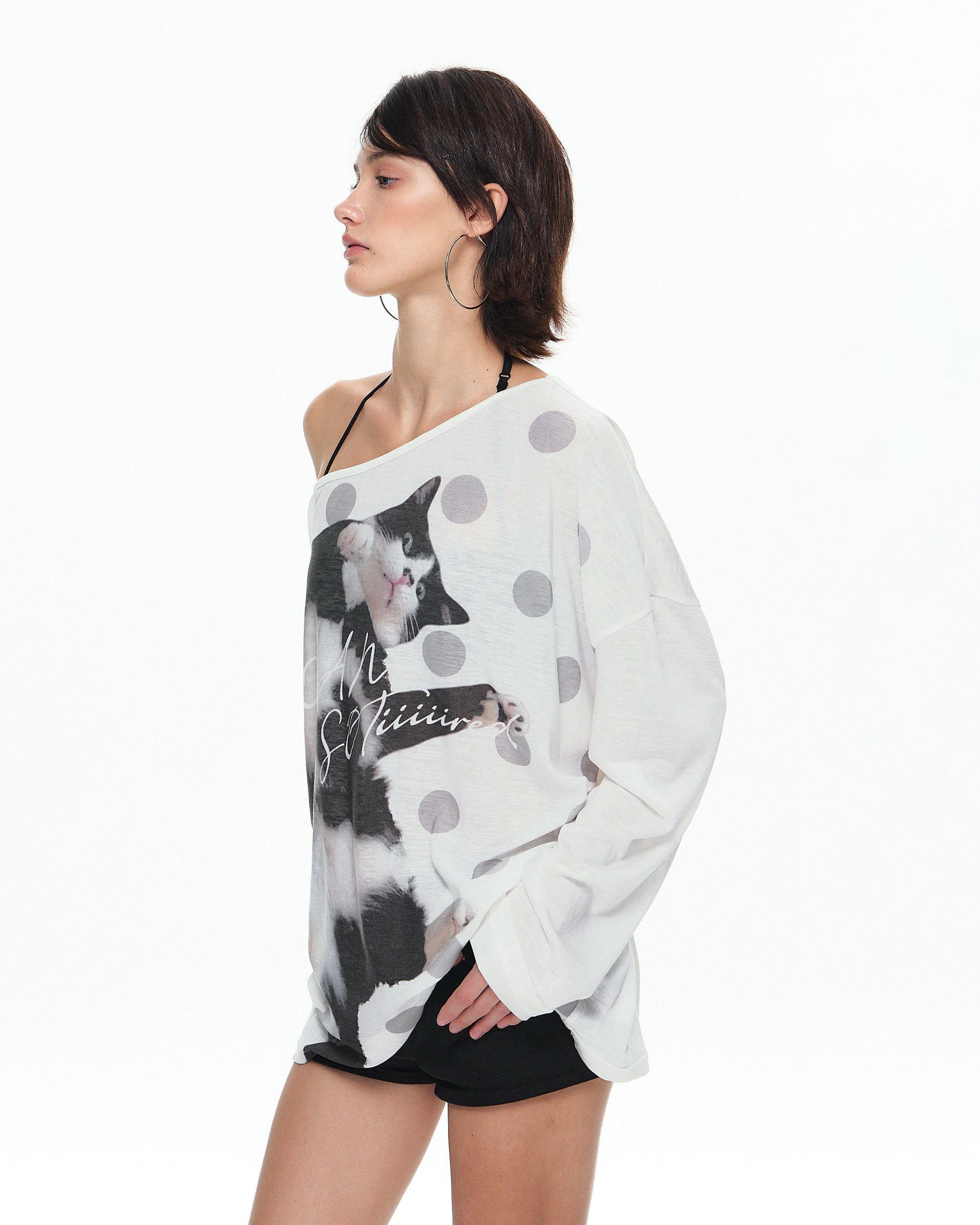 10AMSOTIIIIIIRED Polka Dot Cat Off-Shoulder Long-Sleeve Tee