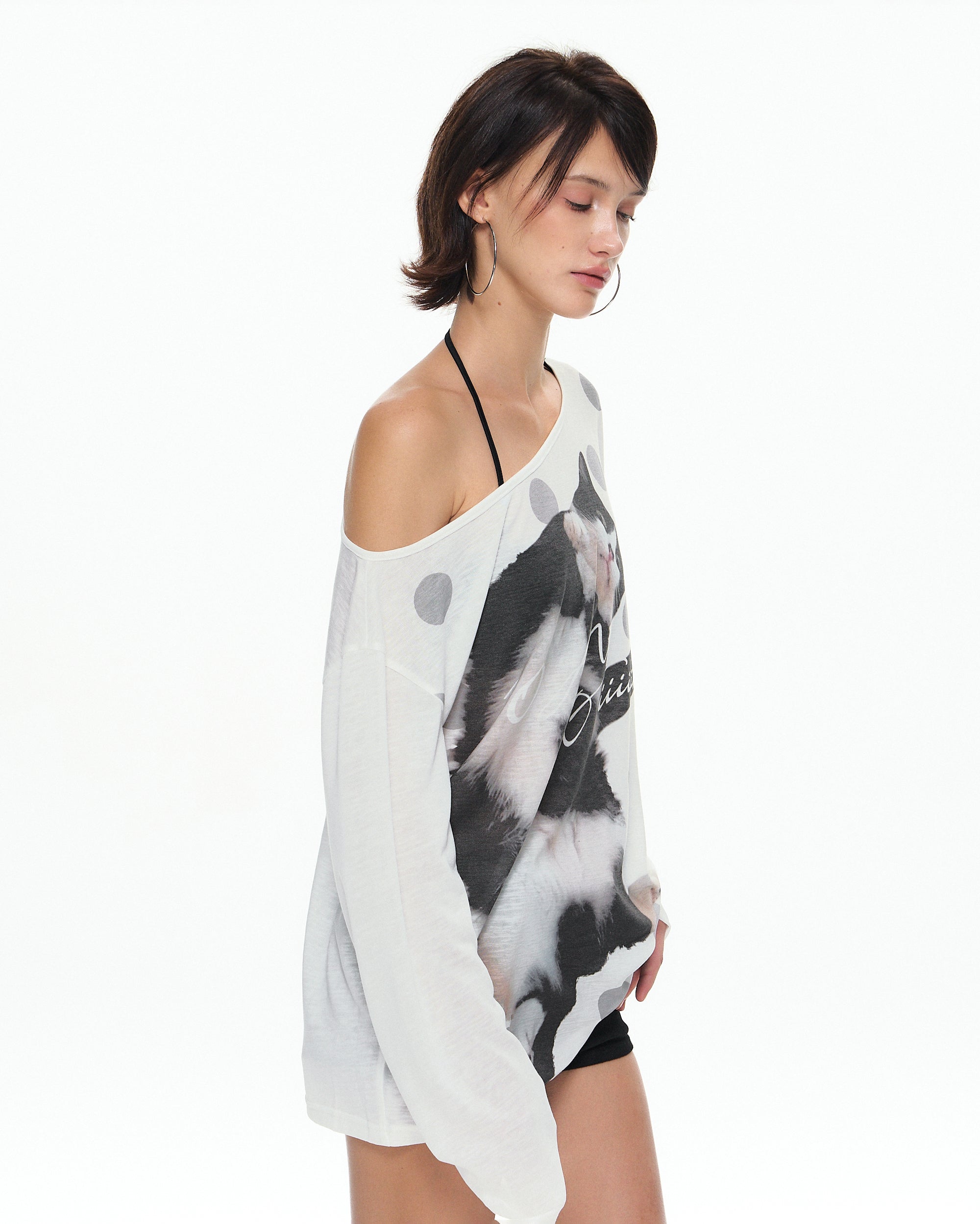 10AMSOTIIIIIIRED Polka Dot Cat Off-Shoulder Long-Sleeve Tee