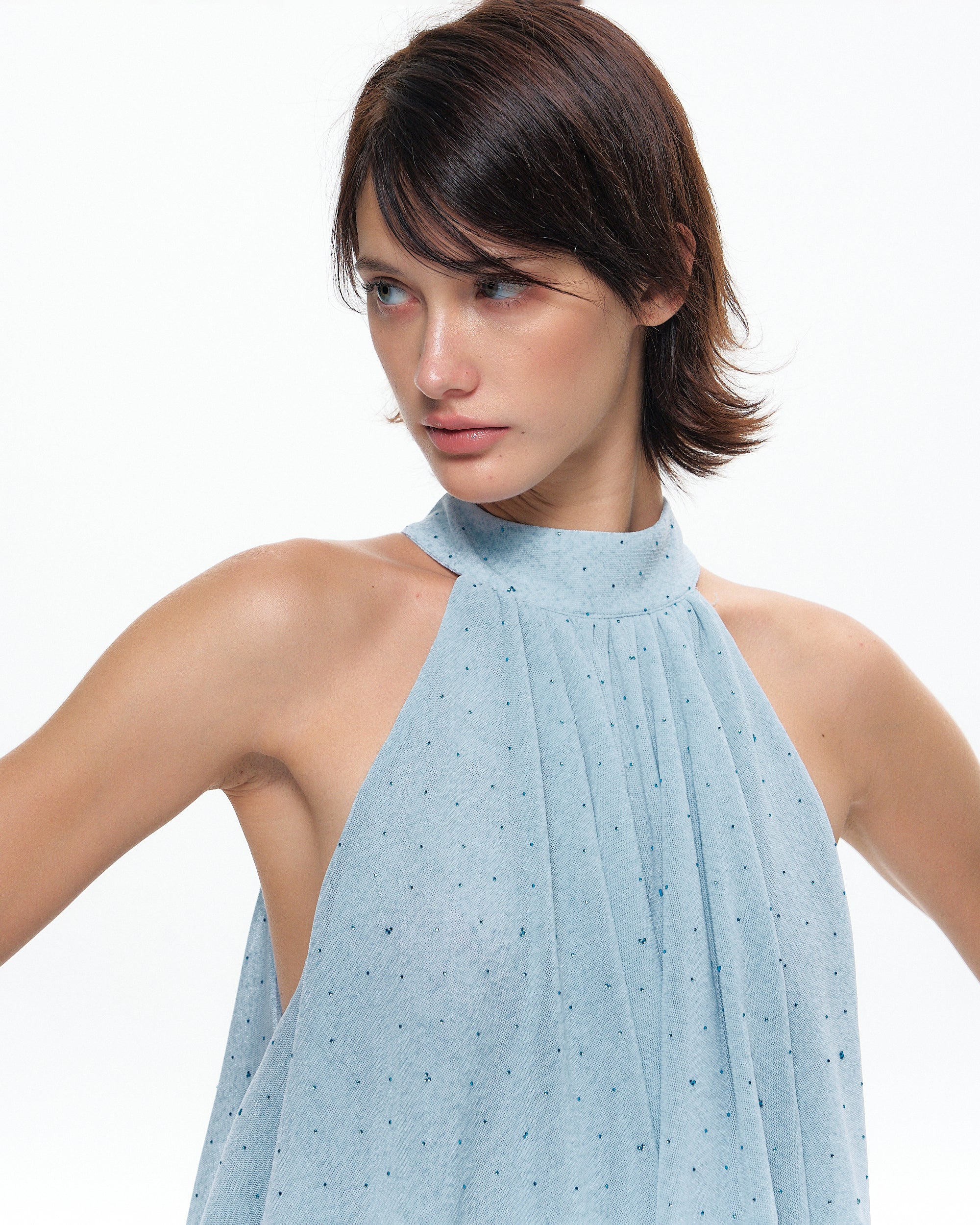 10AMSOTIIIIIIRED Asymmetrical Polka Dot Ruffle Halter Top