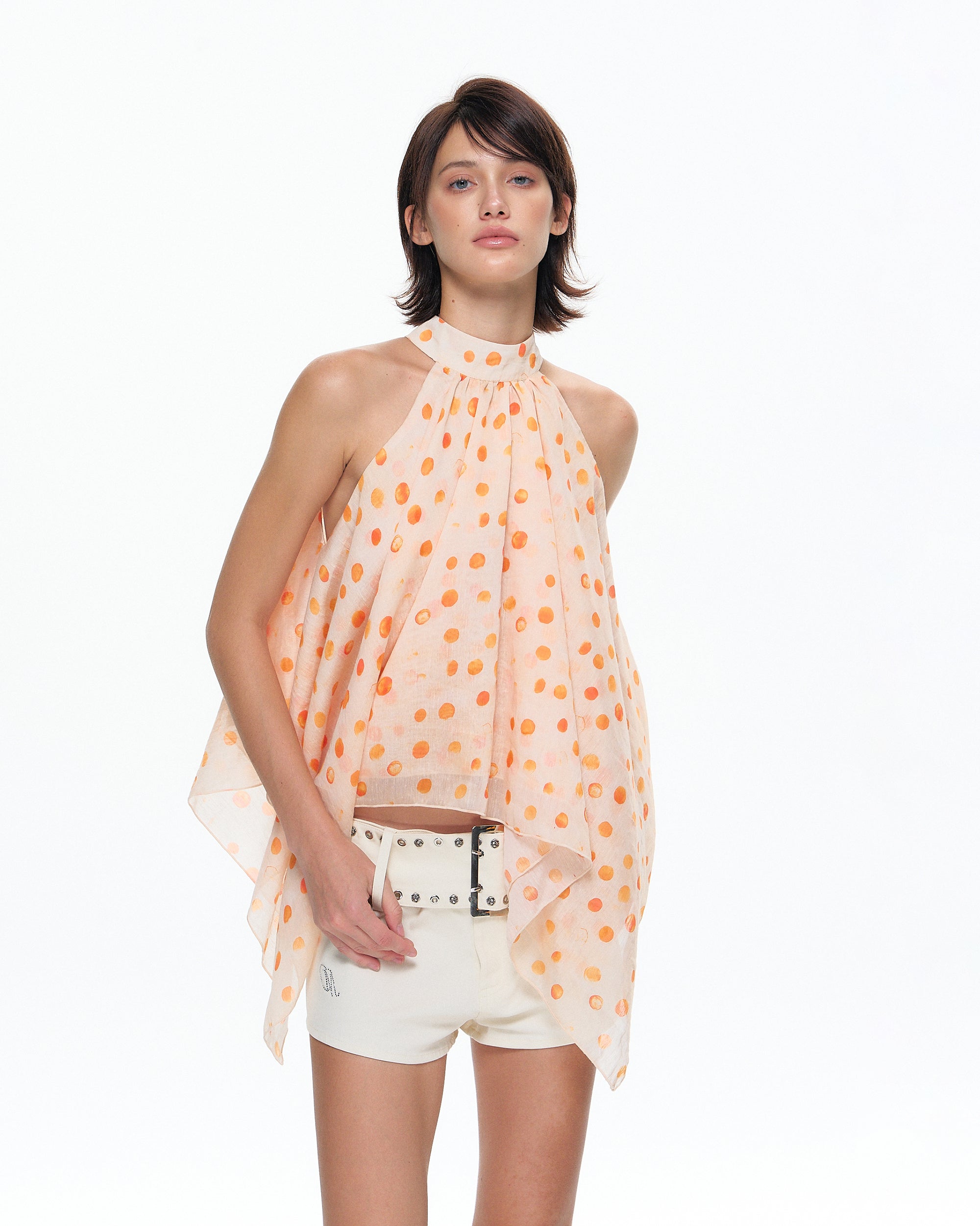 10AMSOTIIIIIIRED Asymmetrical Polka Dot Ruffle Halter Top