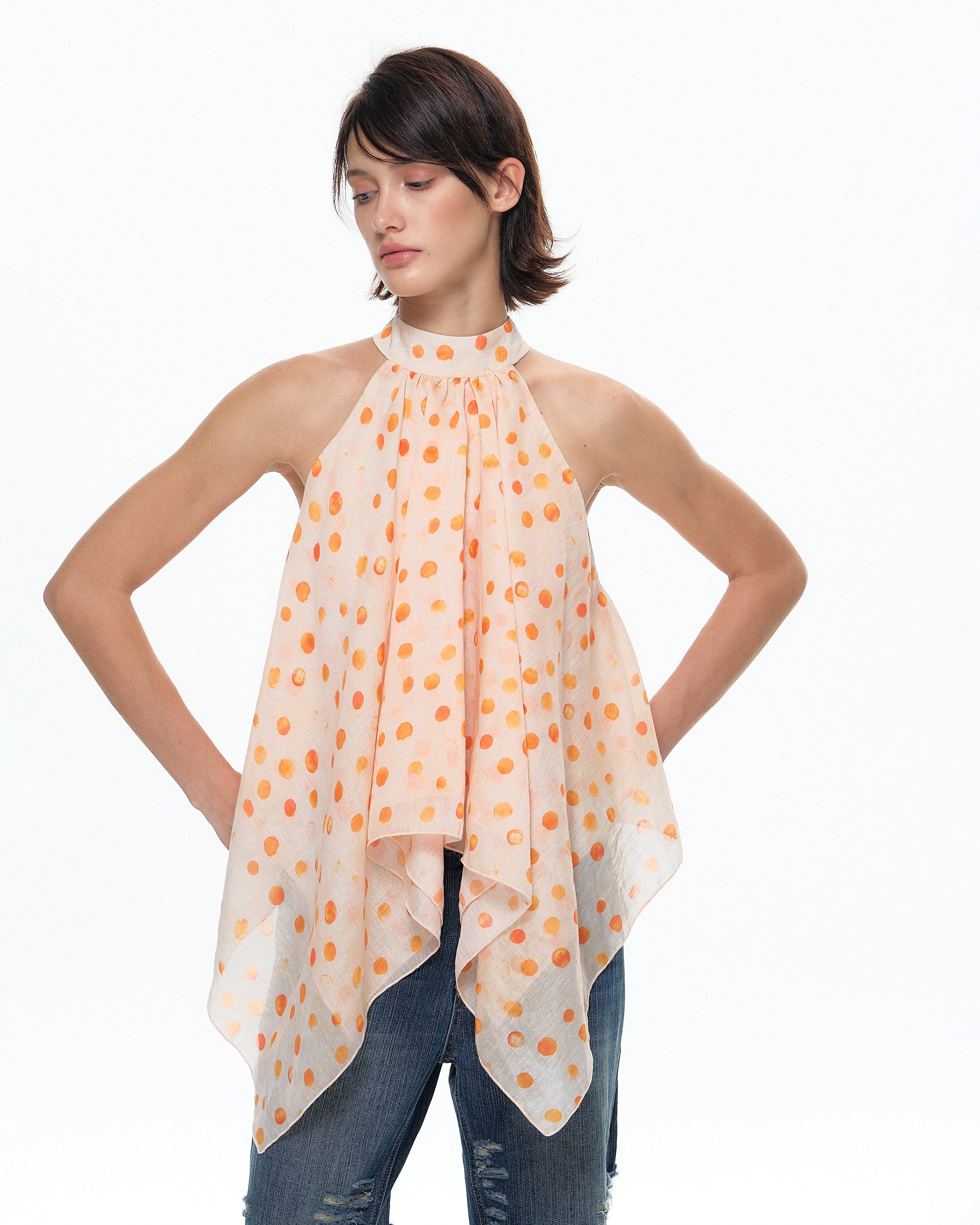 10AMSOTIIIIIIRED Asymmetrical Polka Dot Ruffle Halter Top