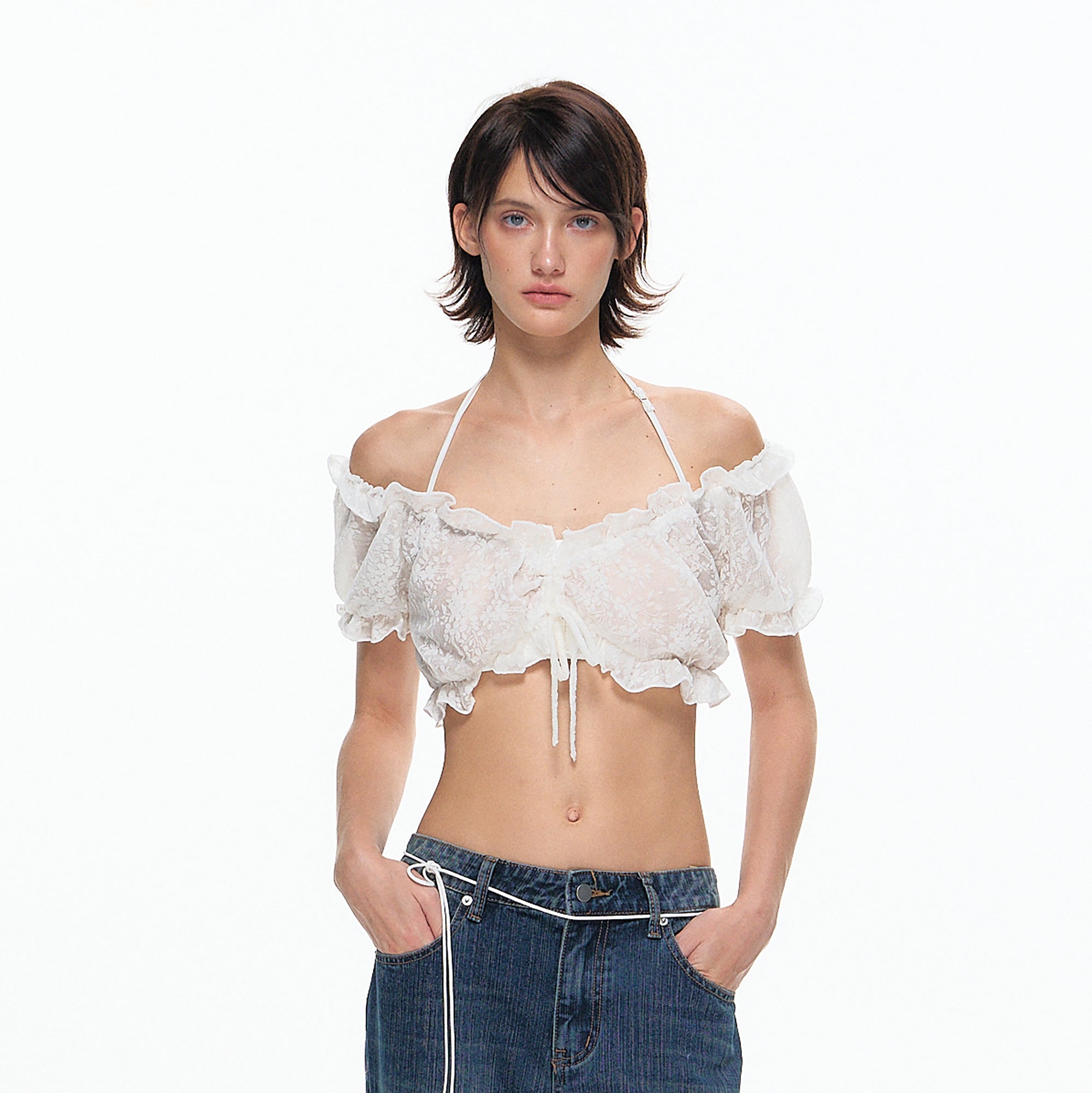 10AMSOTIIIIIIRED Ruched Polka Dot Off-Shoulder Top