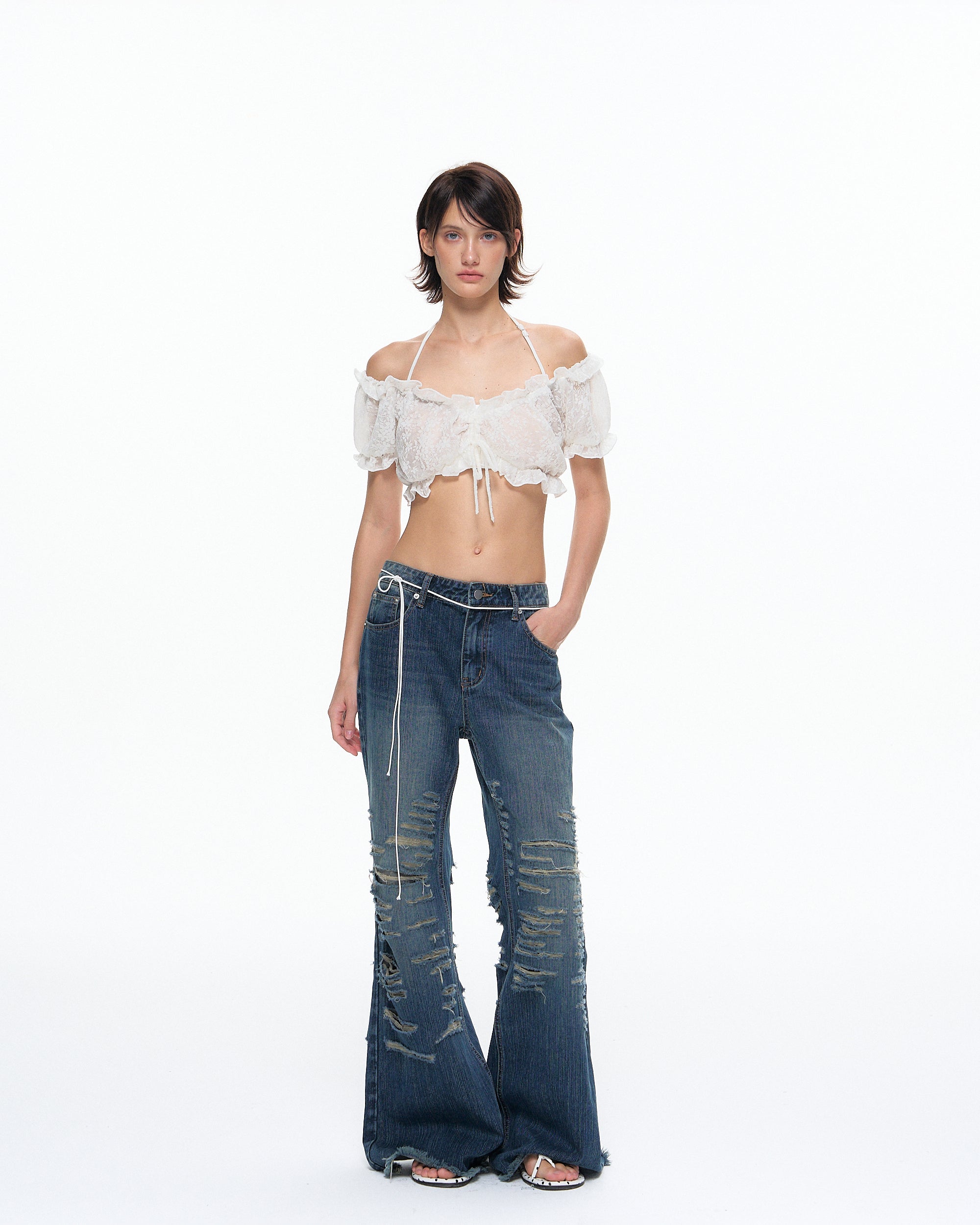 10AMSOTIIIIIIRED Ruched Polka Dot Off-Shoulder Top