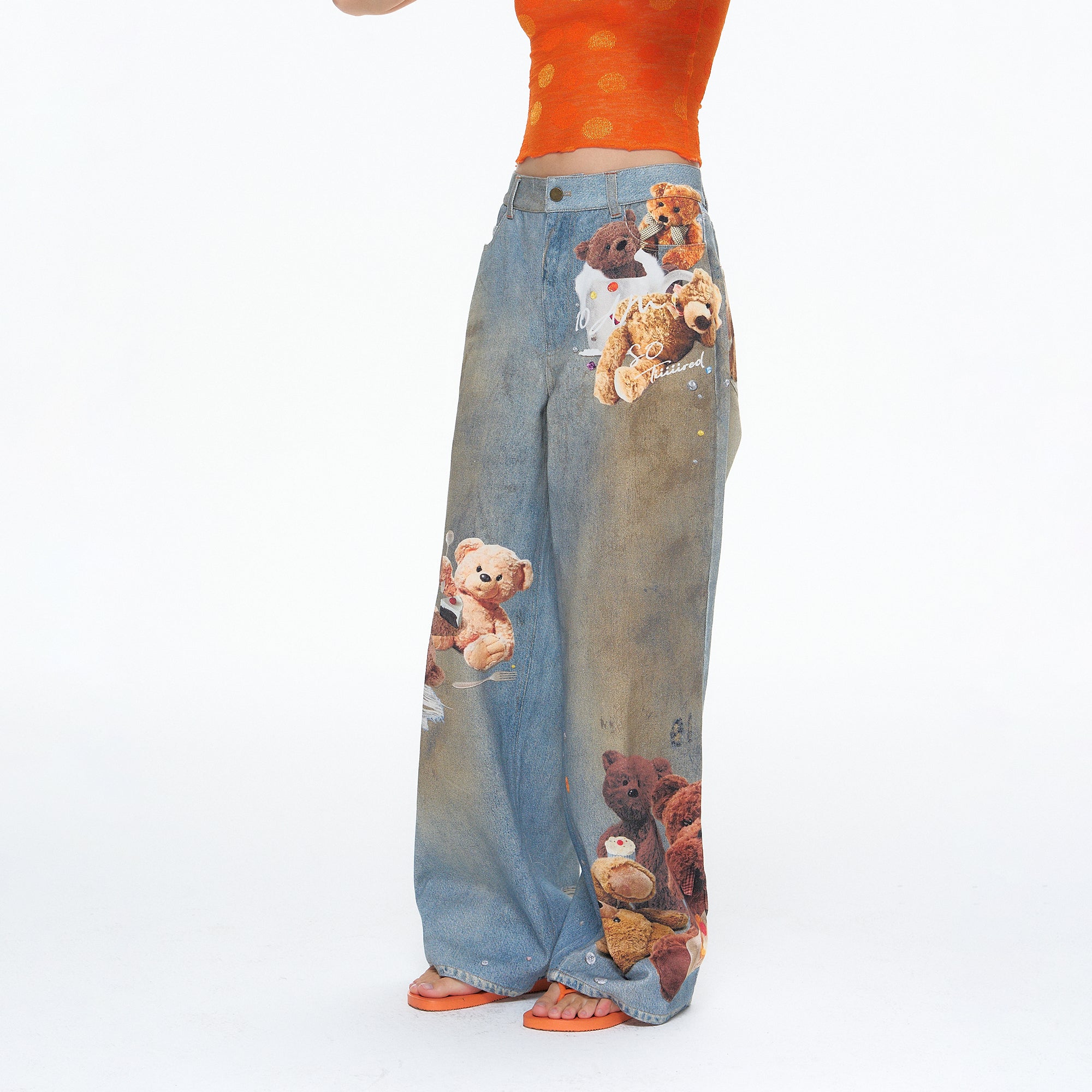 10AMSOTIIIIIIRED Retro Dog And Teddy Graphic Jeans