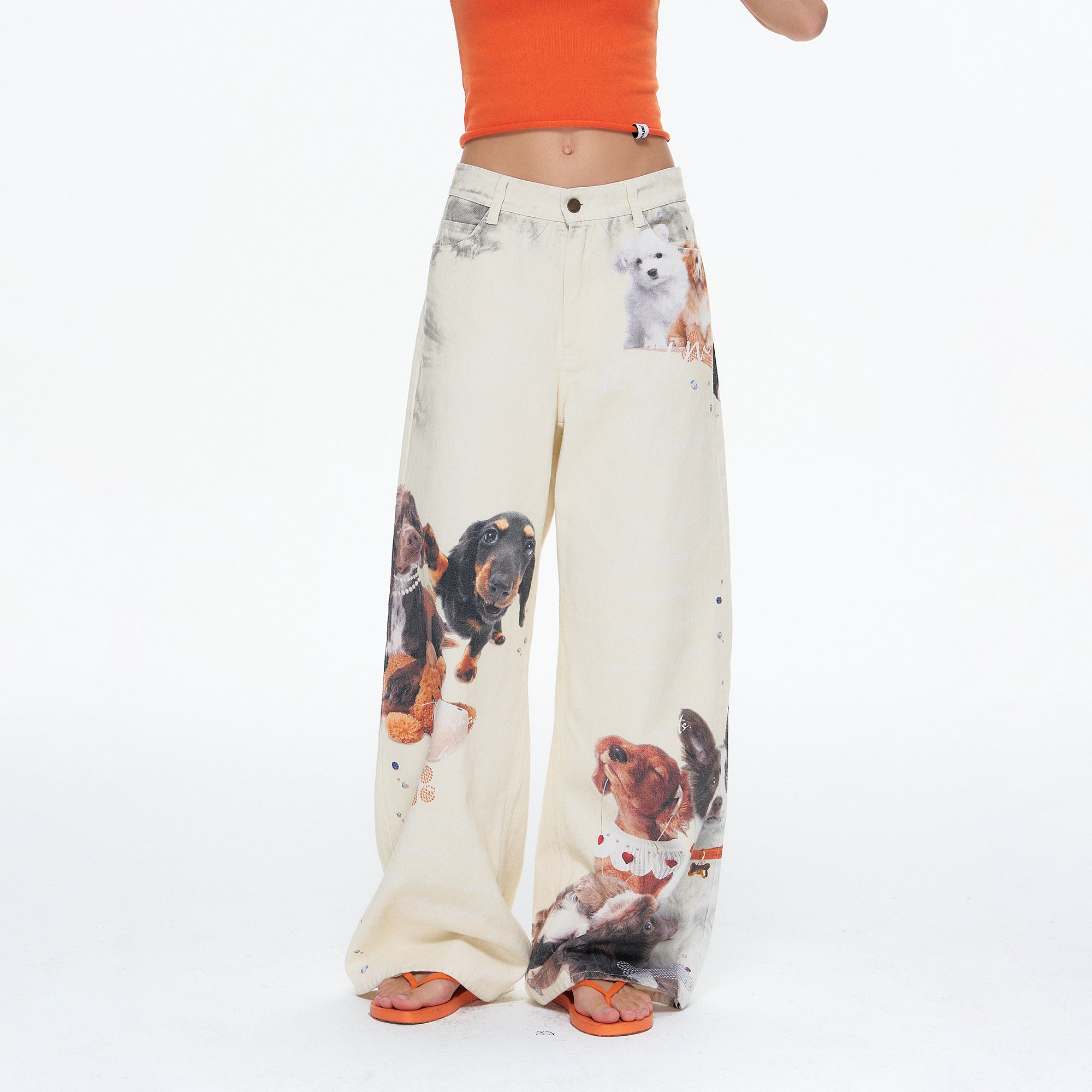 10AMSOTIIIIIIRED Retro Dog And Teddy Graphic Jeans
