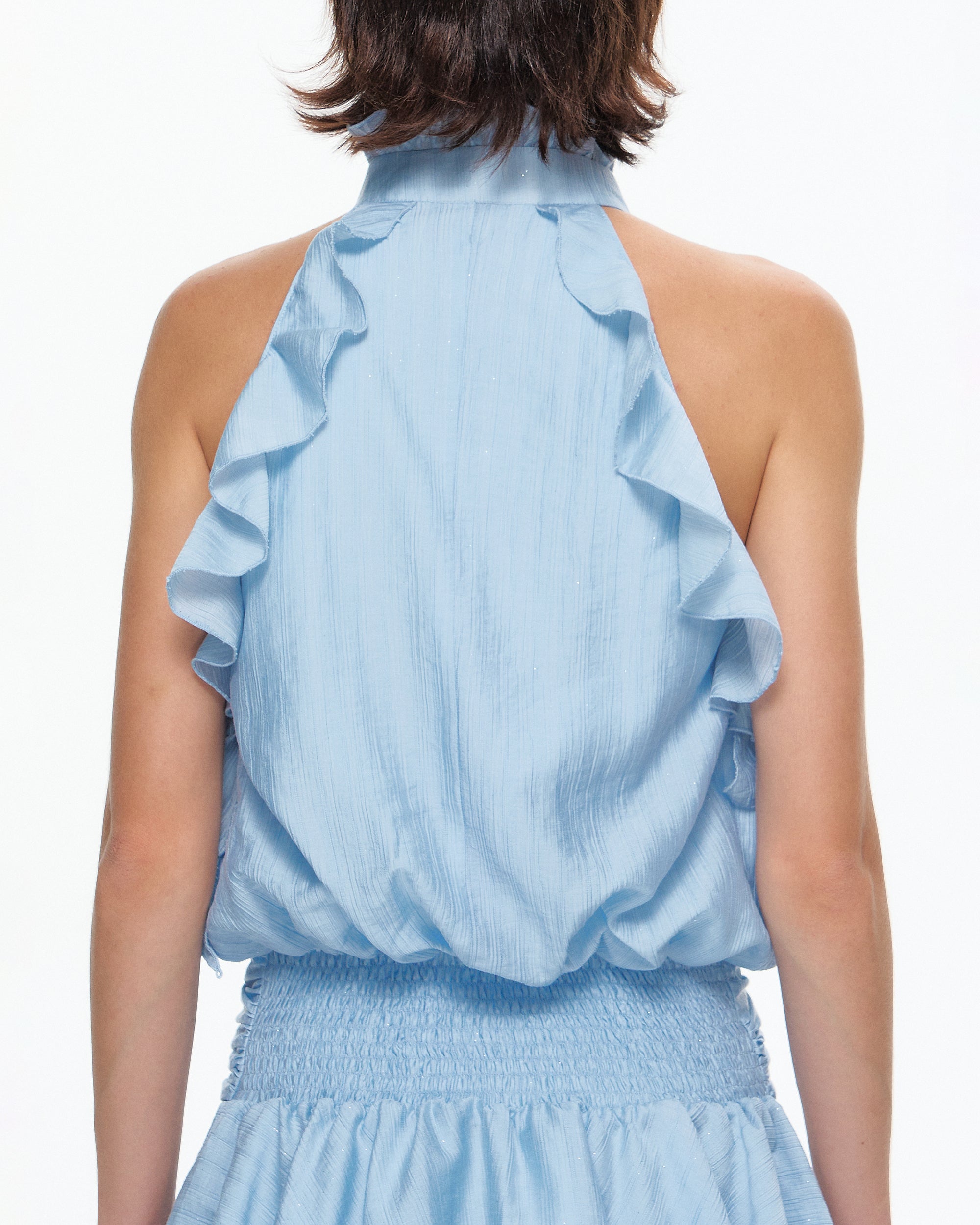 10AMSOTIIIIIIRED Sheer Ruffle-Trim Halter Mini Dress