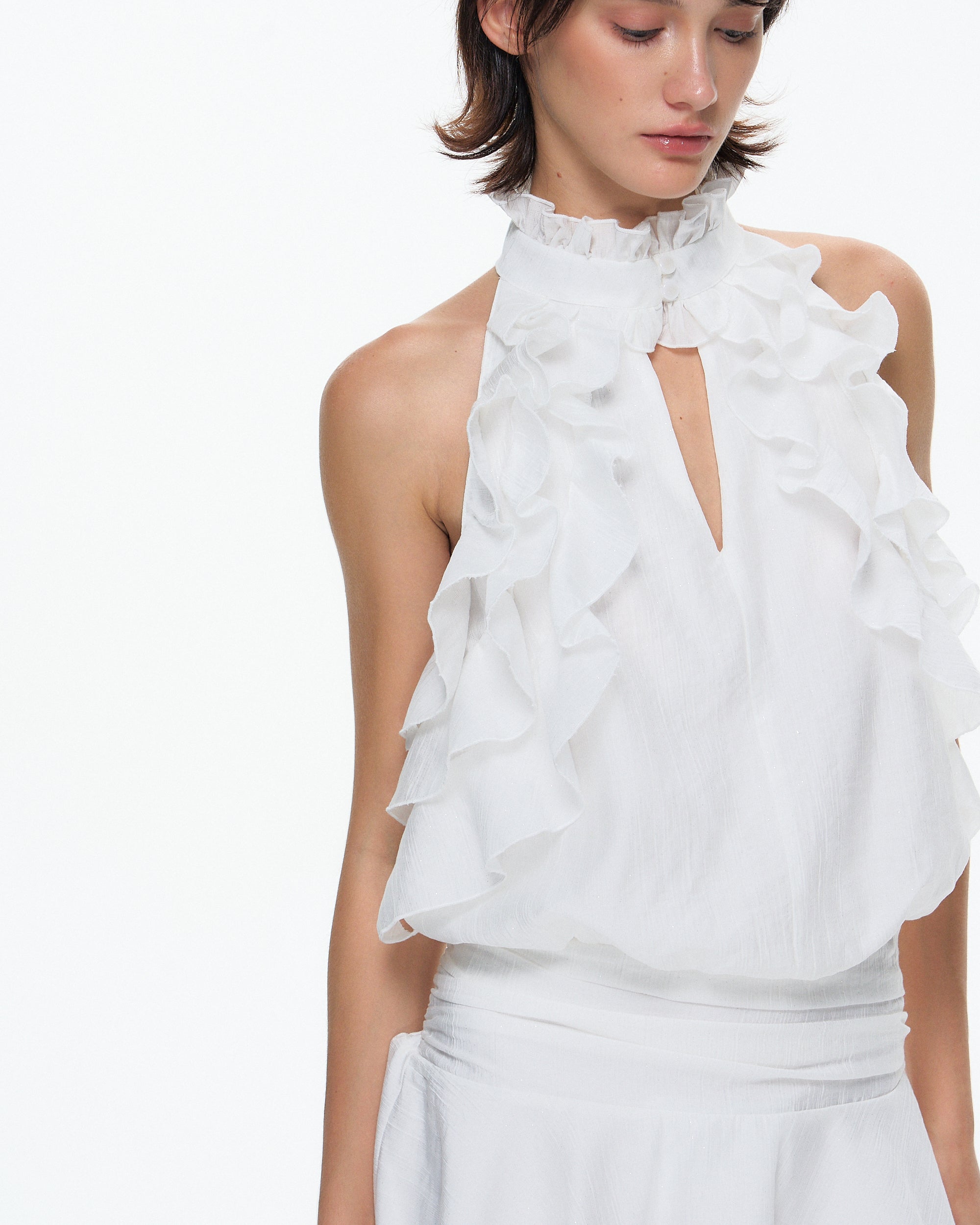 10AMSOTIIIIIIRED Sheer Ruffle-Trim Halter Mini Dress
