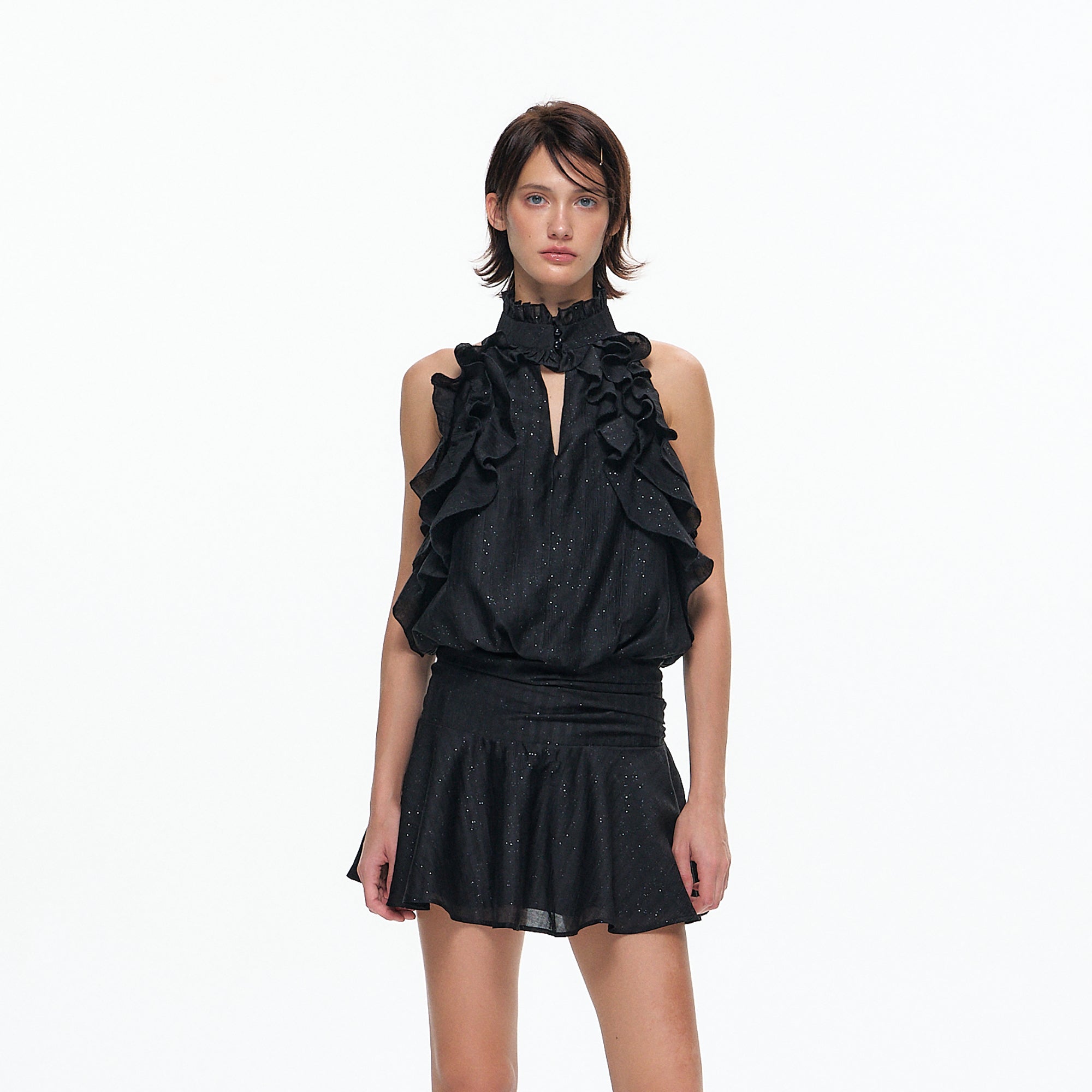 10AMSOTIIIIIIRED Sheer Ruffle-Trim Halter Mini Dress