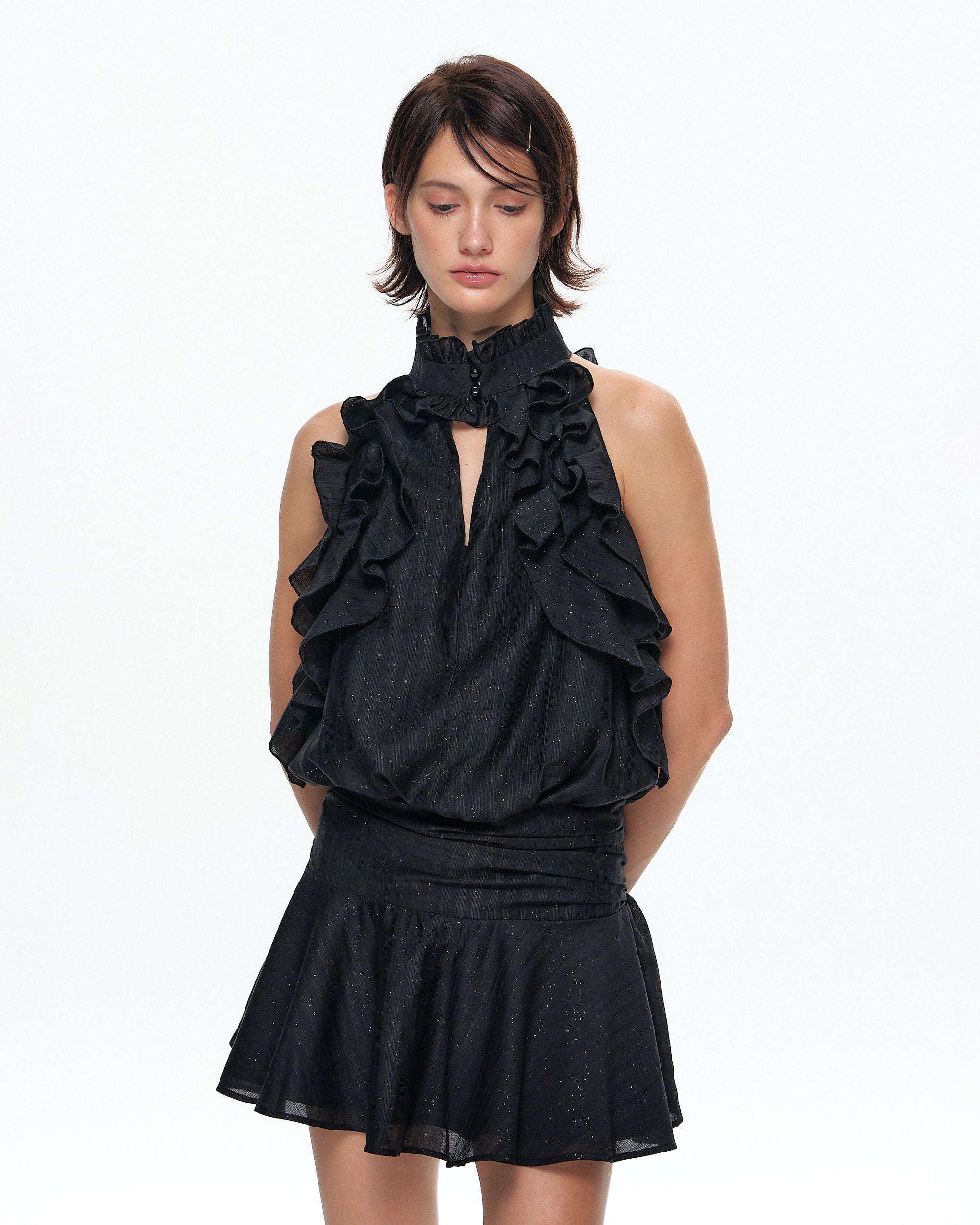 10AMSOTIIIIIIRED Sheer Ruffle-Trim Halter Mini Dress