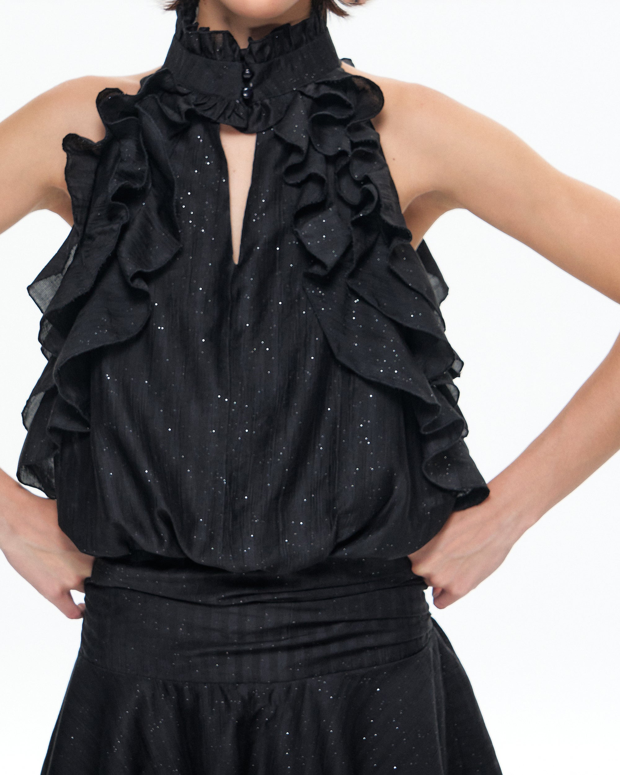 10AMSOTIIIIIIRED Sheer Ruffle-Trim Halter Mini Dress