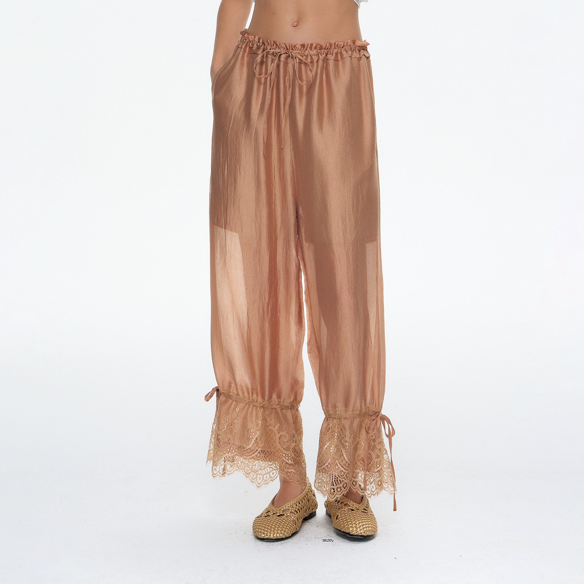 10AMSOTIIIIIIRED Crinkled Sheen Lace Trim Lantern Pants