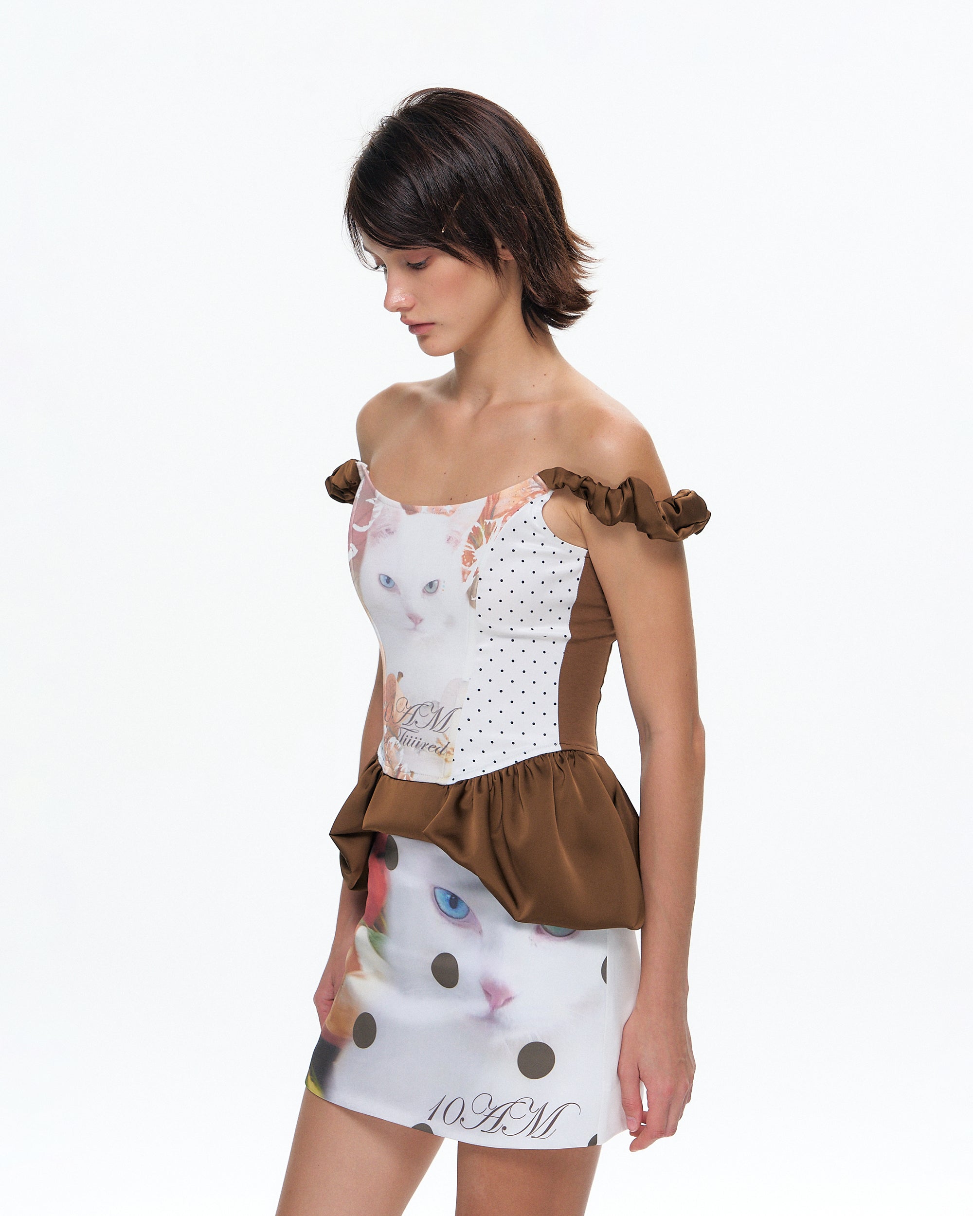 10AMSOTIIIIIIRED Cat And Dog Graphic Corset Top And Mini Skirt Satin Set