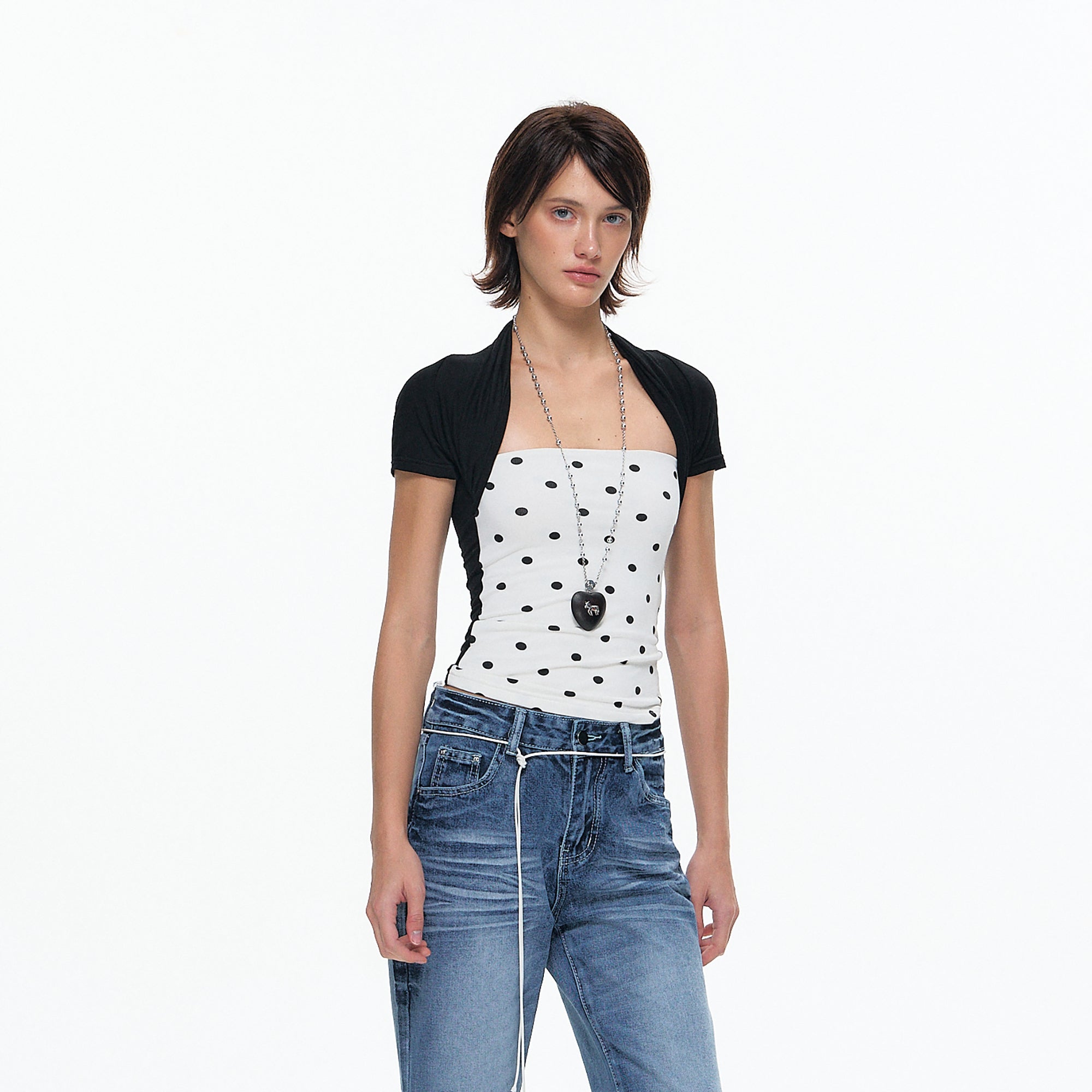 10AMSOTIIIIIIRED Polka Dot Contrast Bolero Top
