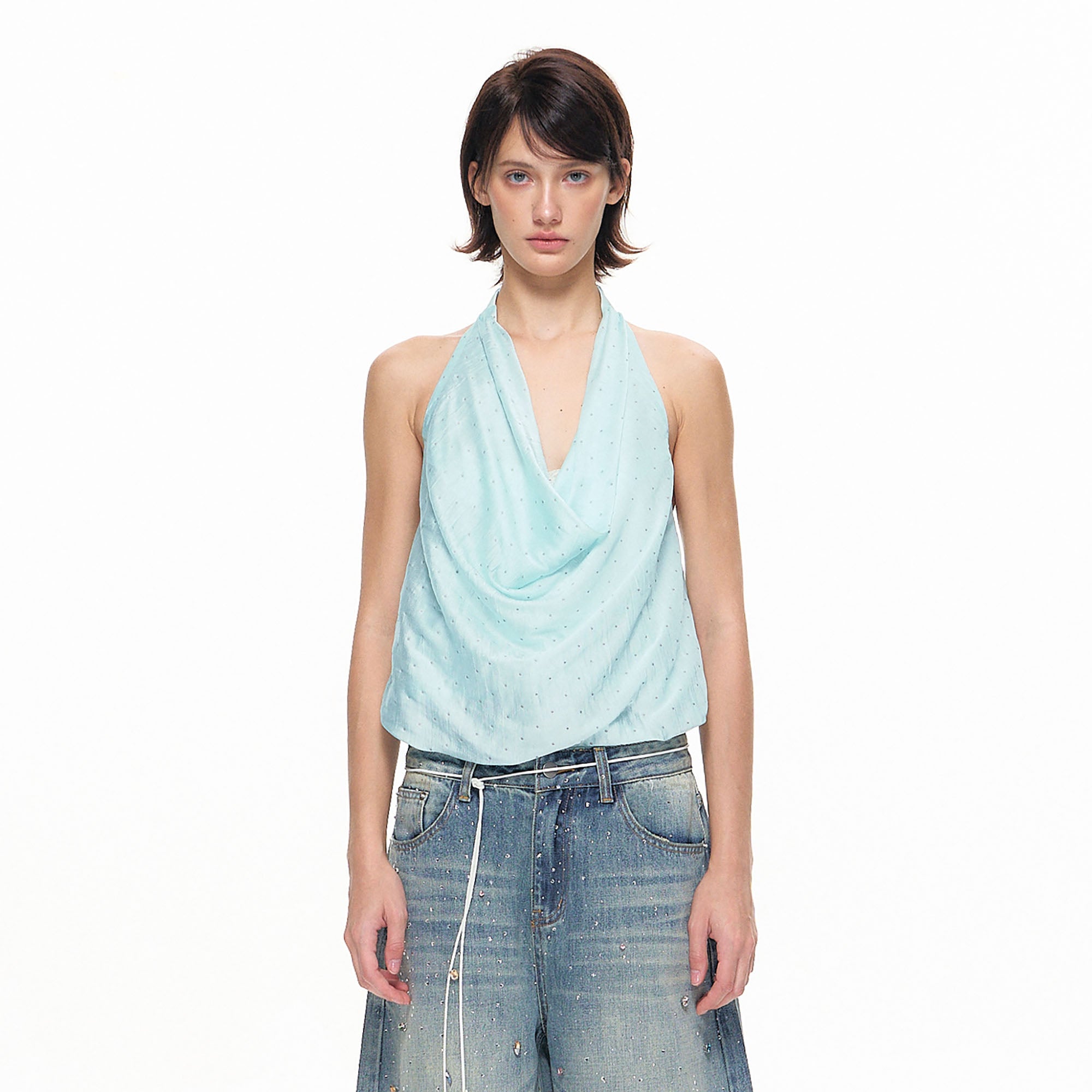 10AMSOTIIIIIIRED Polka Dot Draped Halter Top