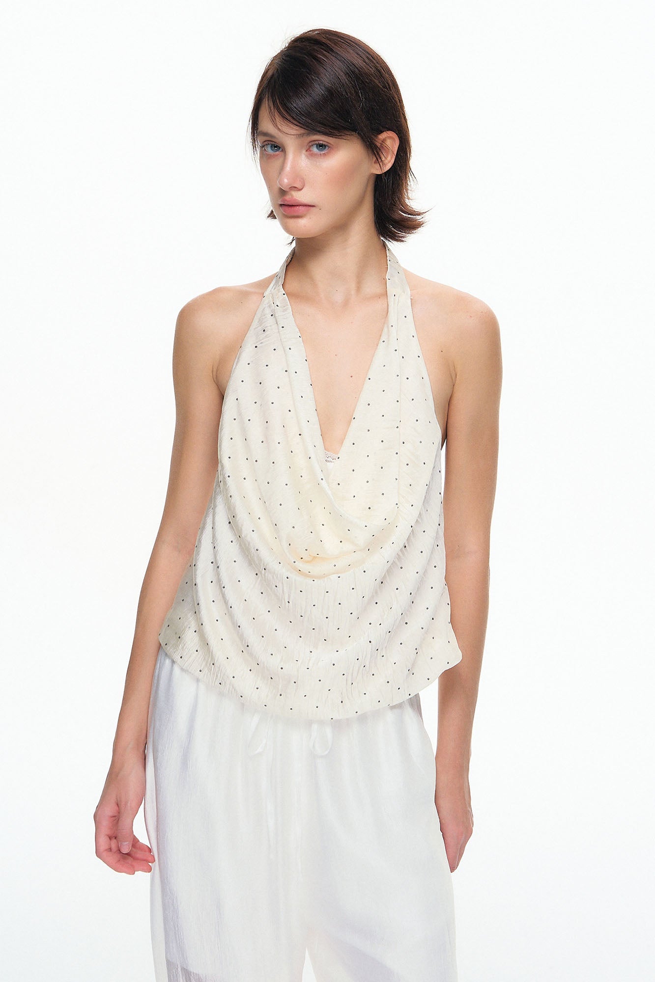 10AMSOTIIIIIIRED Polka Dot Draped Halter Top