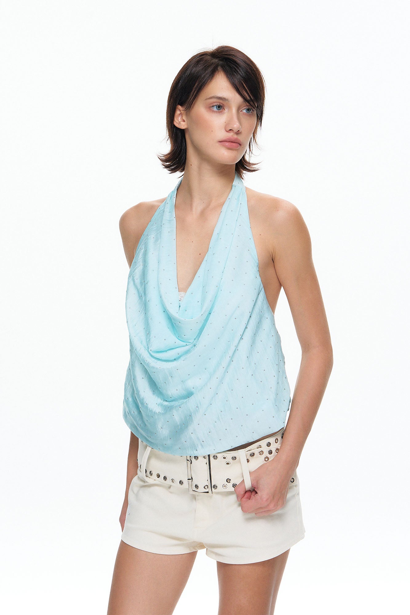 10AMSOTIIIIIIRED Polka Dot Draped Halter Top