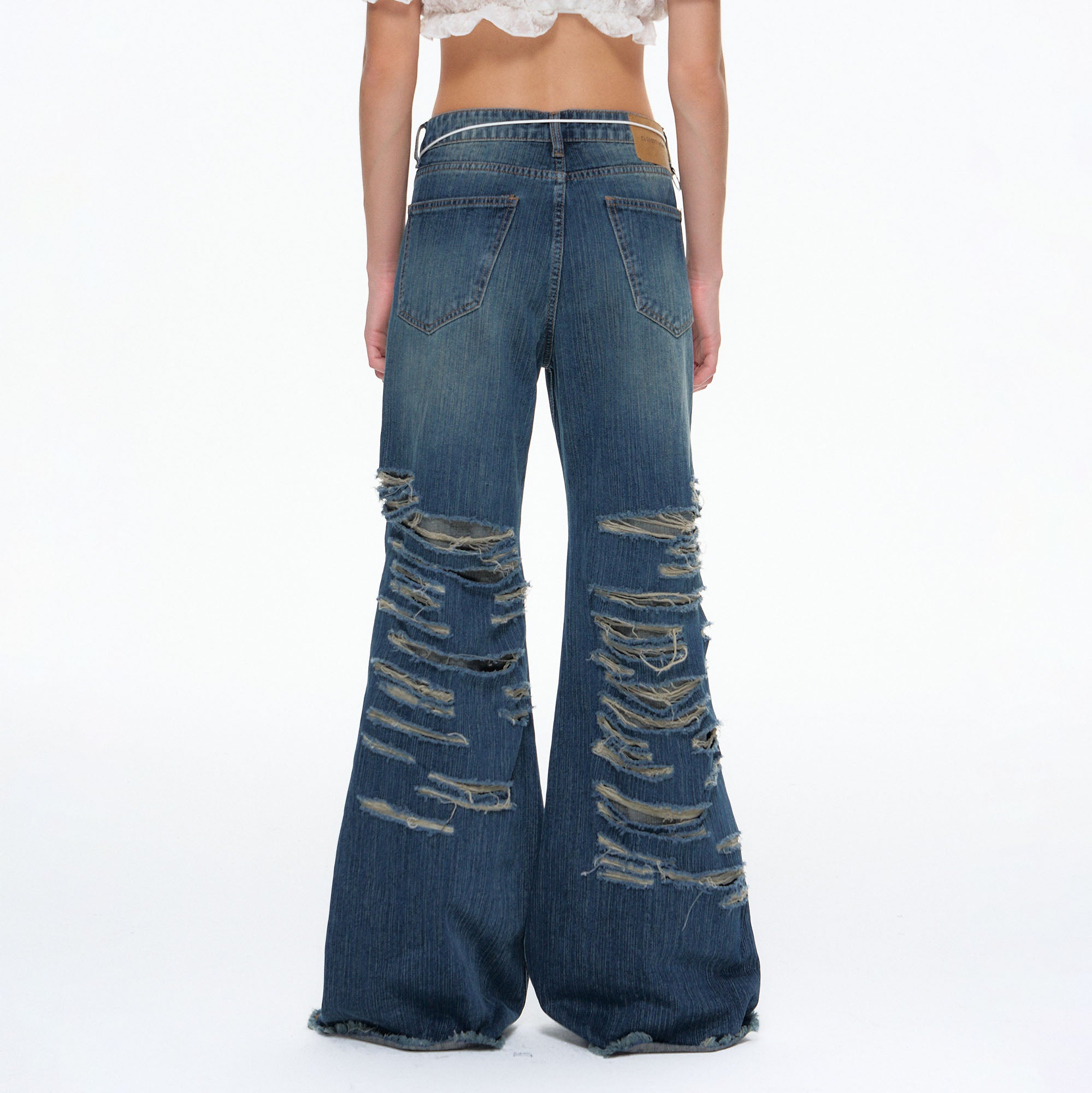 10AMSOTIIIIIIRED Washed Ripped Flared Oversized Jeans