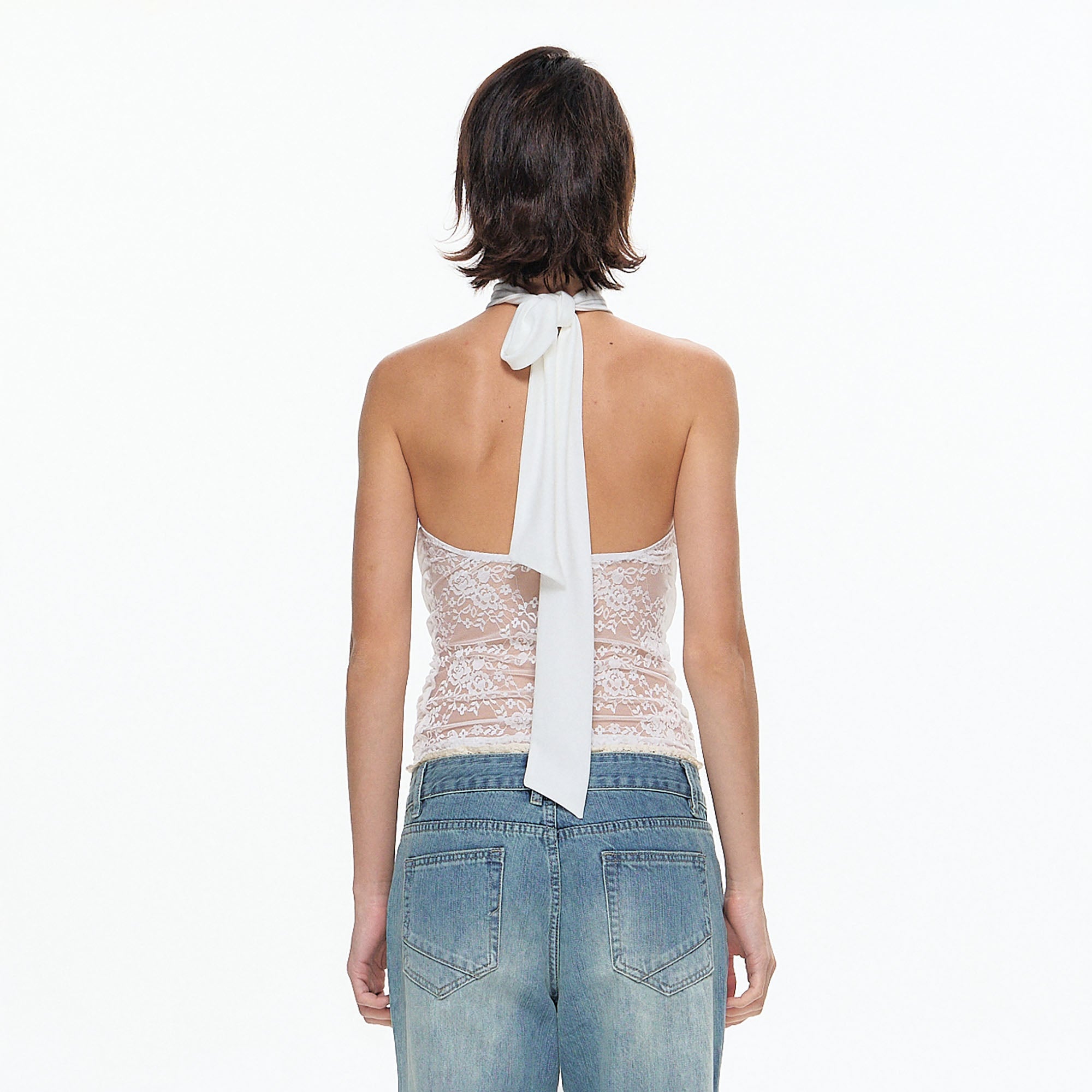 10AMSOTIIIIIIRED Lace Panel Acetate-Blend Halter Top