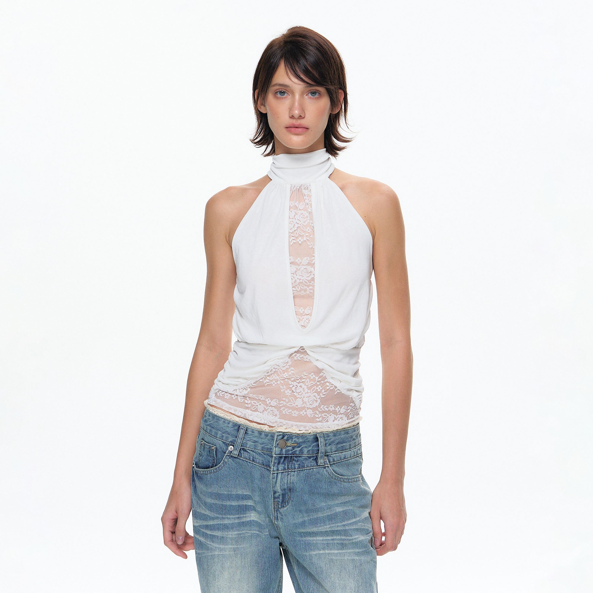 10AMSOTIIIIIIRED Lace Panel Acetate-Blend Halter Top