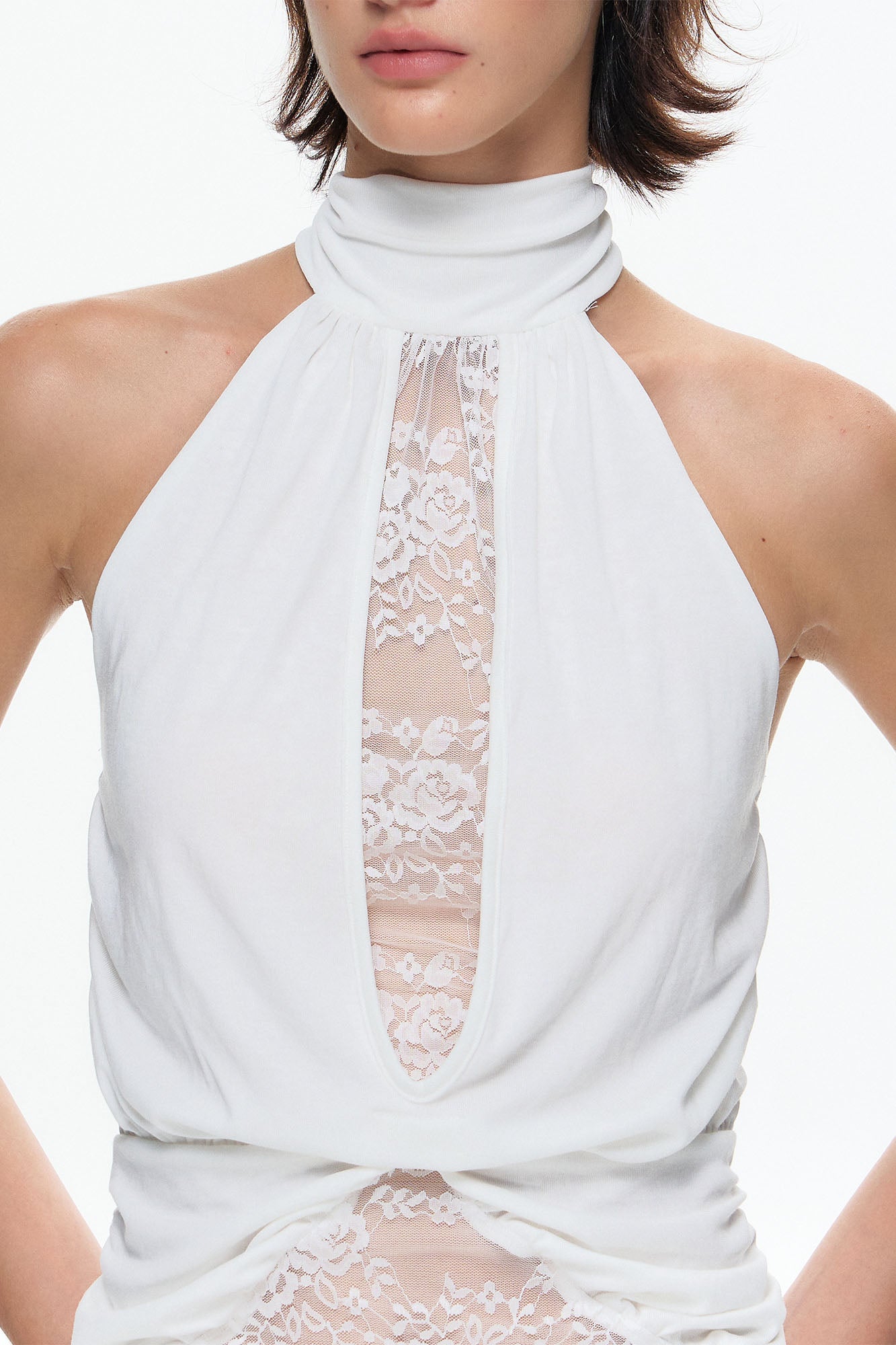 10AMSOTIIIIIIRED Lace Panel Acetate-Blend Halter Top