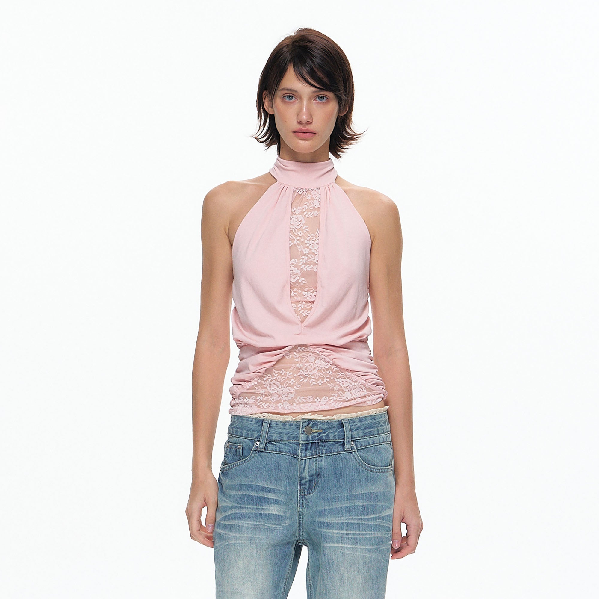 10AMSOTIIIIIIRED Lace Panel Acetate-Blend Halter Top