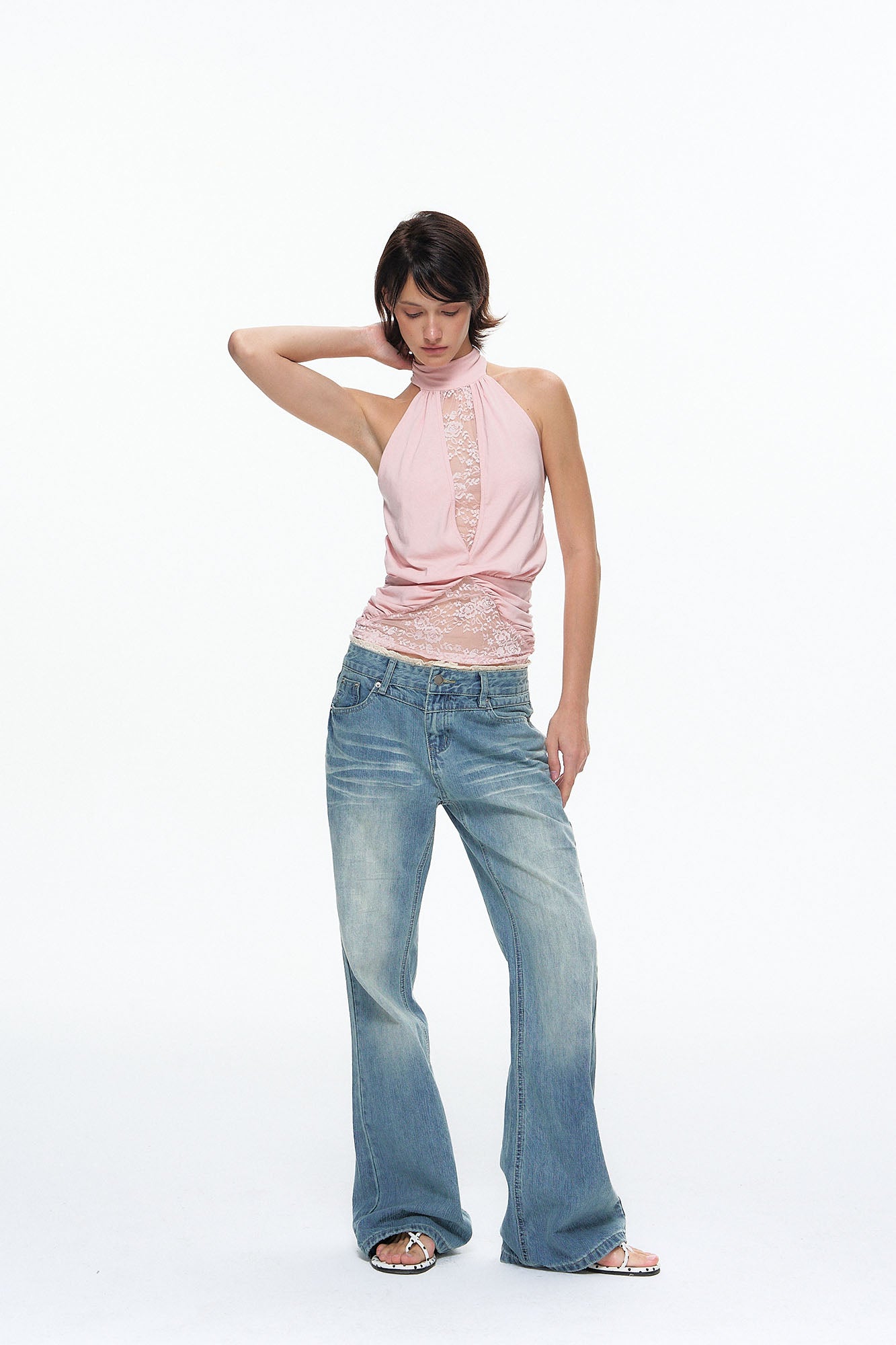 10AMSOTIIIIIIRED Lace Panel Acetate-Blend Halter Top