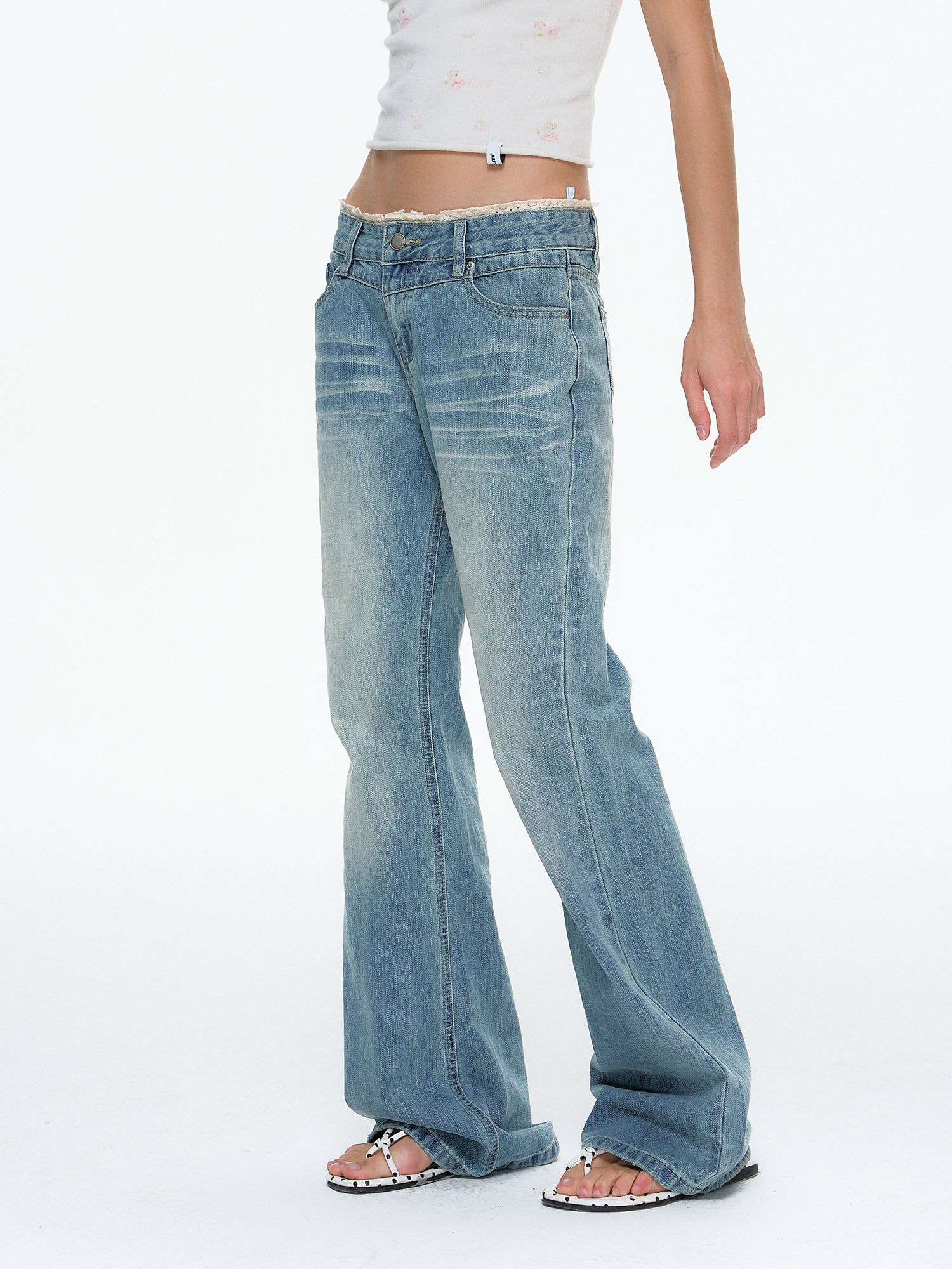 10AMSOTIIIIIIRED Washed Lace-Trim Straight-Leg Jeans