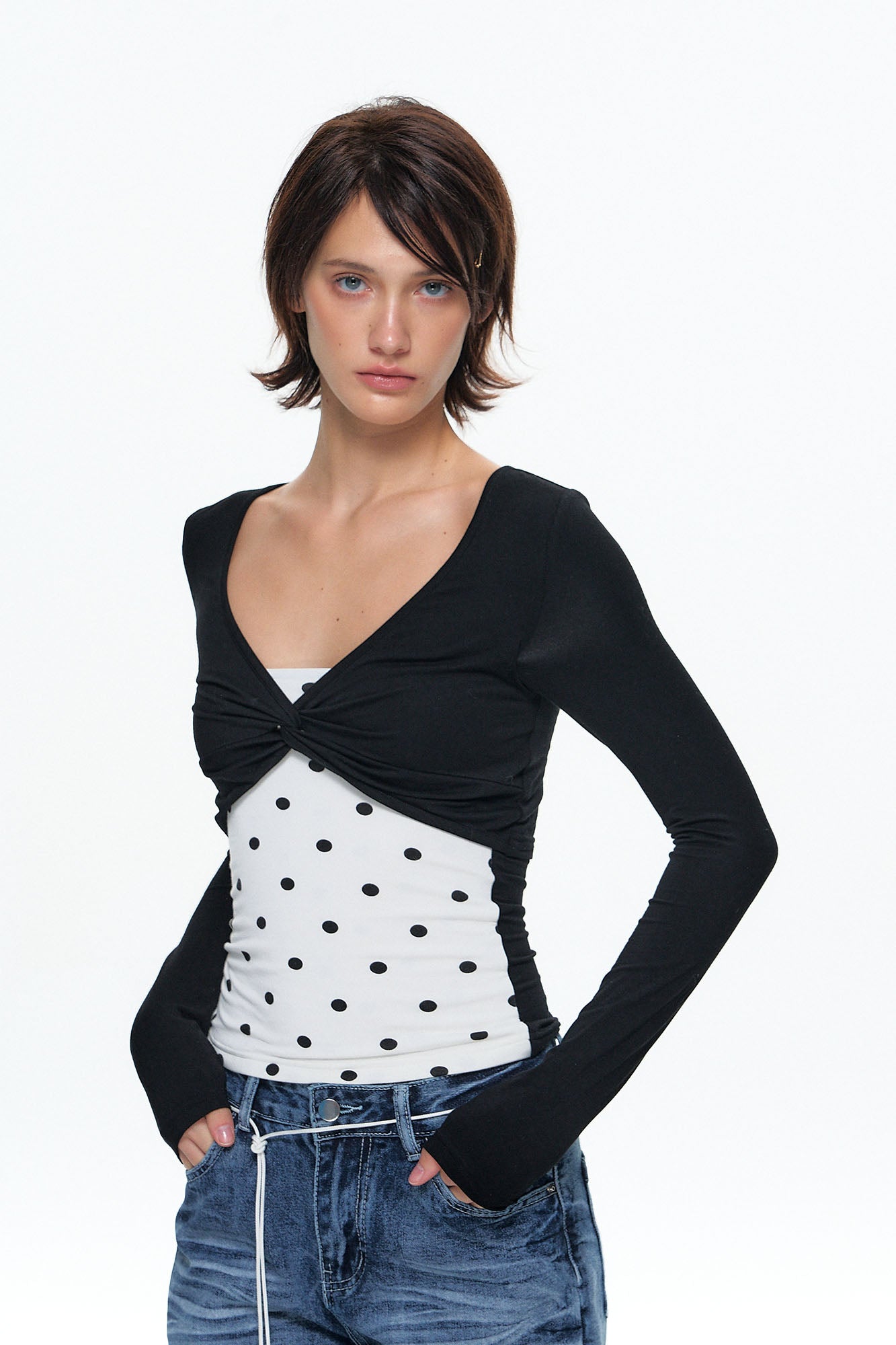 10AMSOTIIIIIIRED Faux Layered Twist-Front Long-Sleeve Top