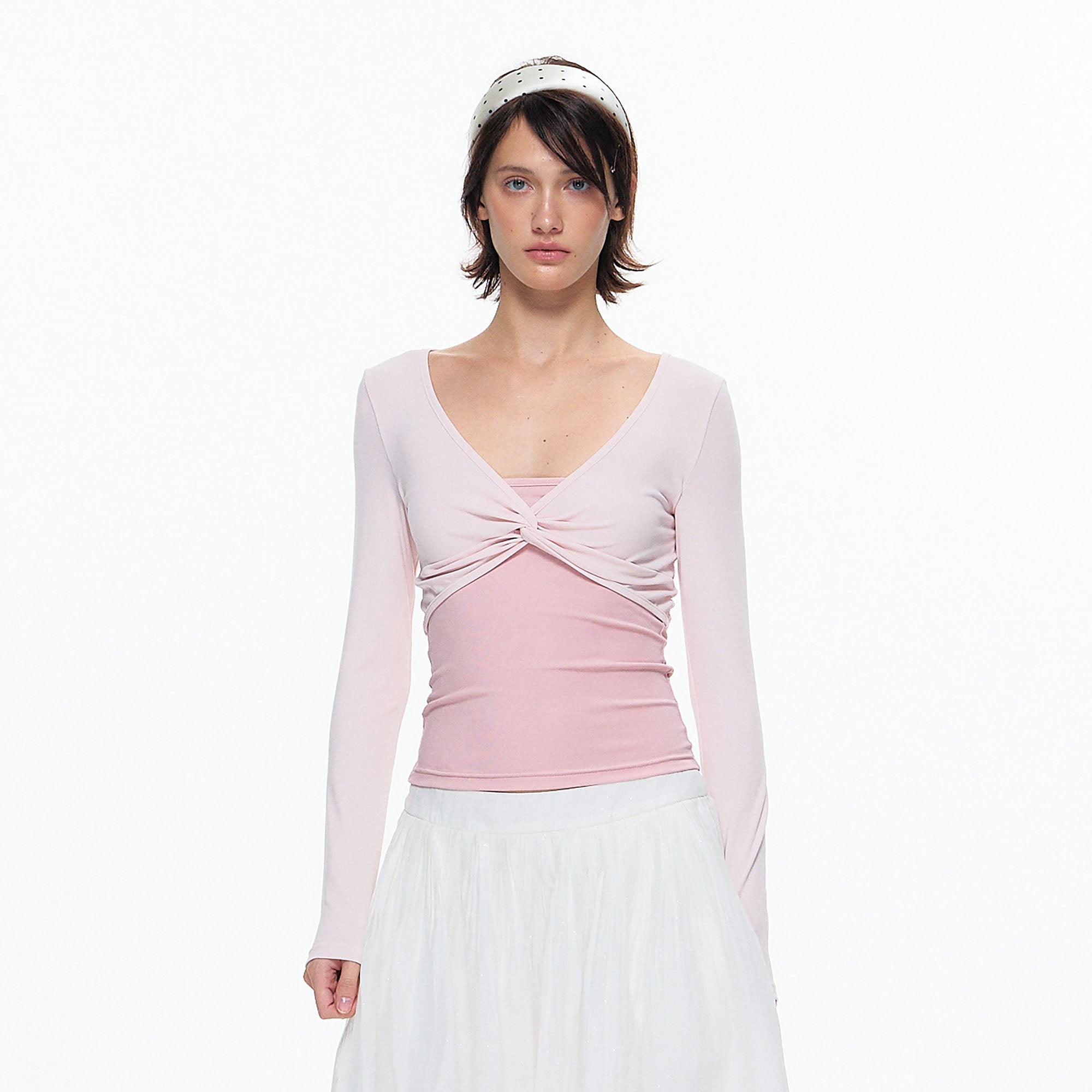 10AMSOTIIIIIIRED Faux Layered Twist-Front Long-Sleeve Top