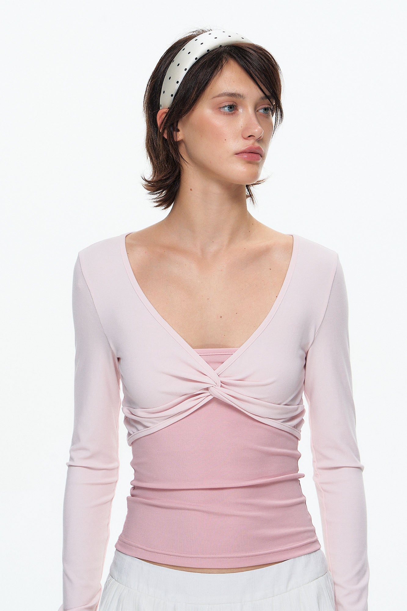 10AMSOTIIIIIIRED Faux Layered Twist-Front Long-Sleeve Top