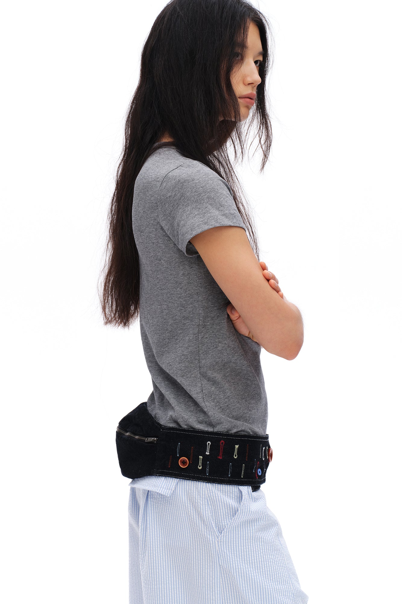 OINIMI Embroidered Buttonhole Denim Belt Bag