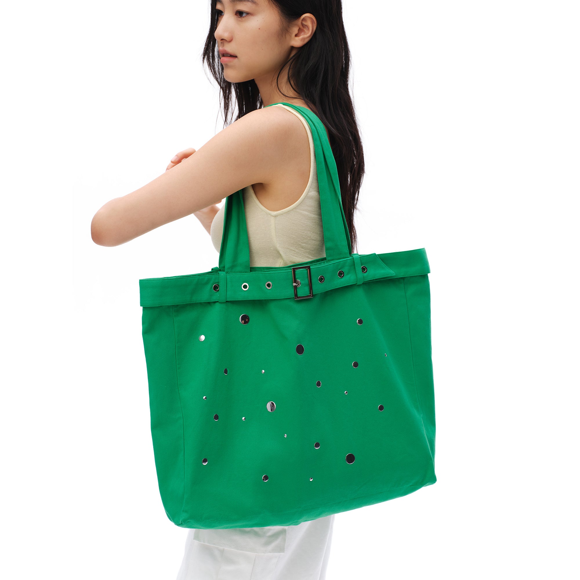 OINIMI Belted Grommet Mirror Disc Tote Bag