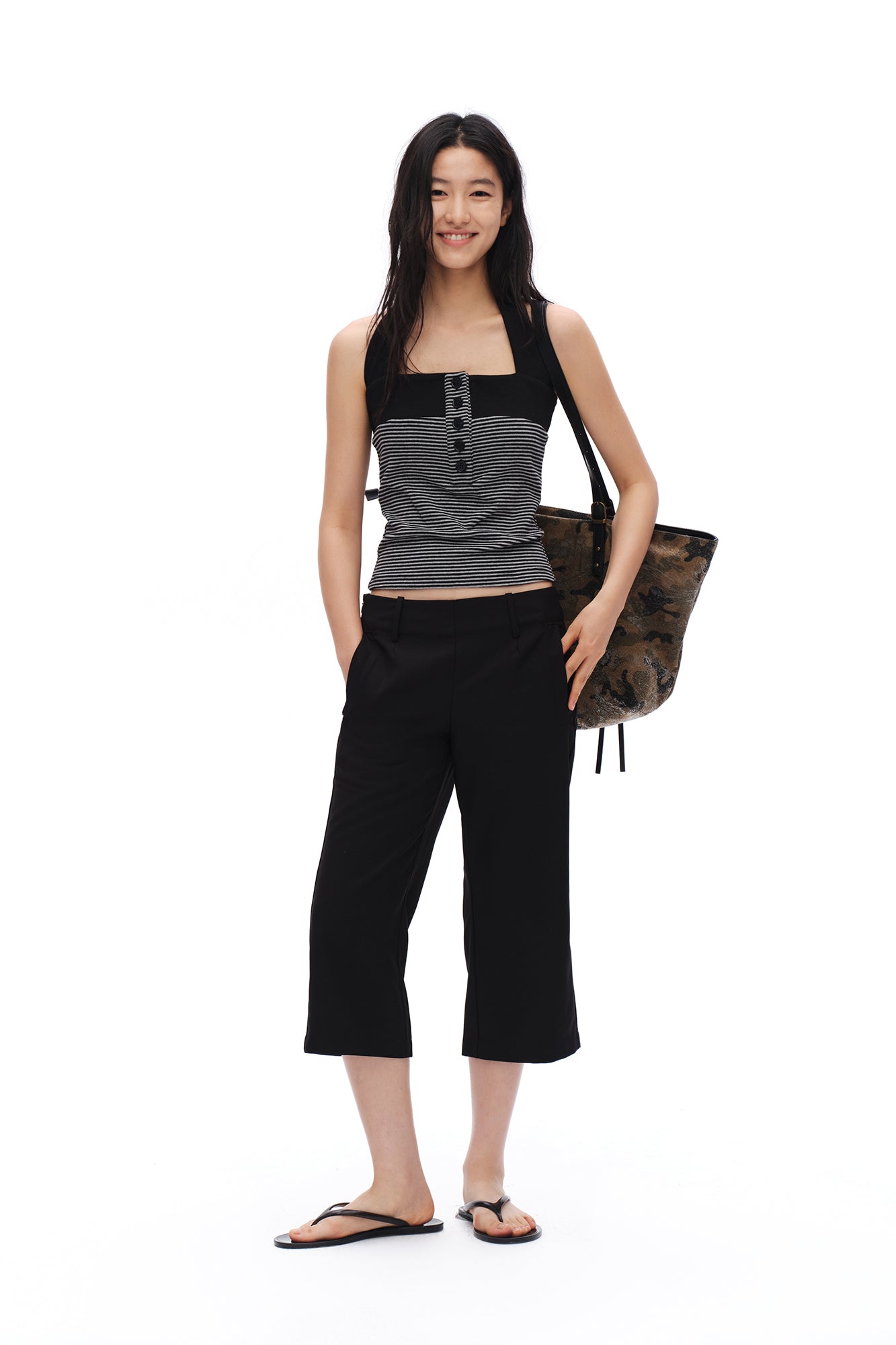 OINIMI Striped Button Halter Knit Top