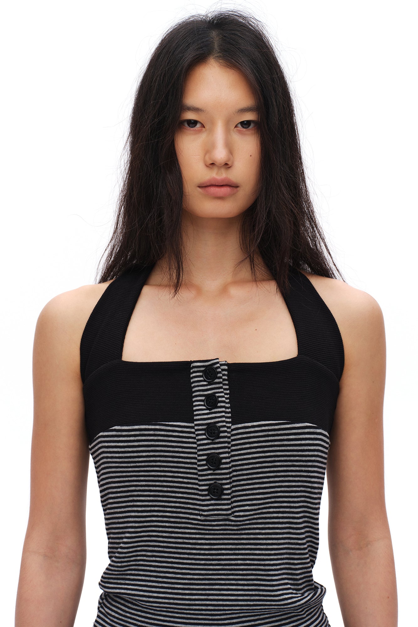 OINIMI Striped Button Halter Knit Top