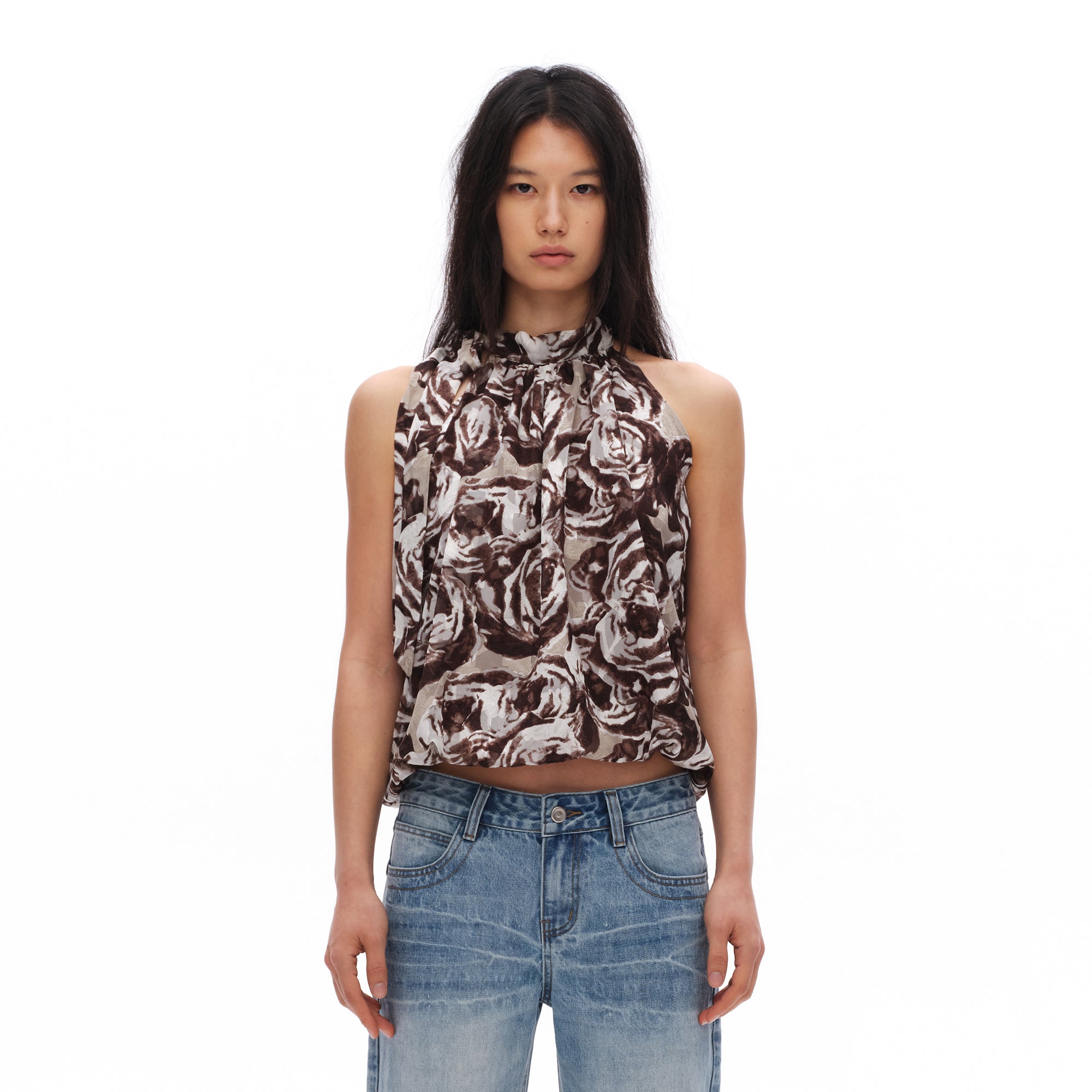 OINIMI Rose Full-Print Tie-Neck Halter Top