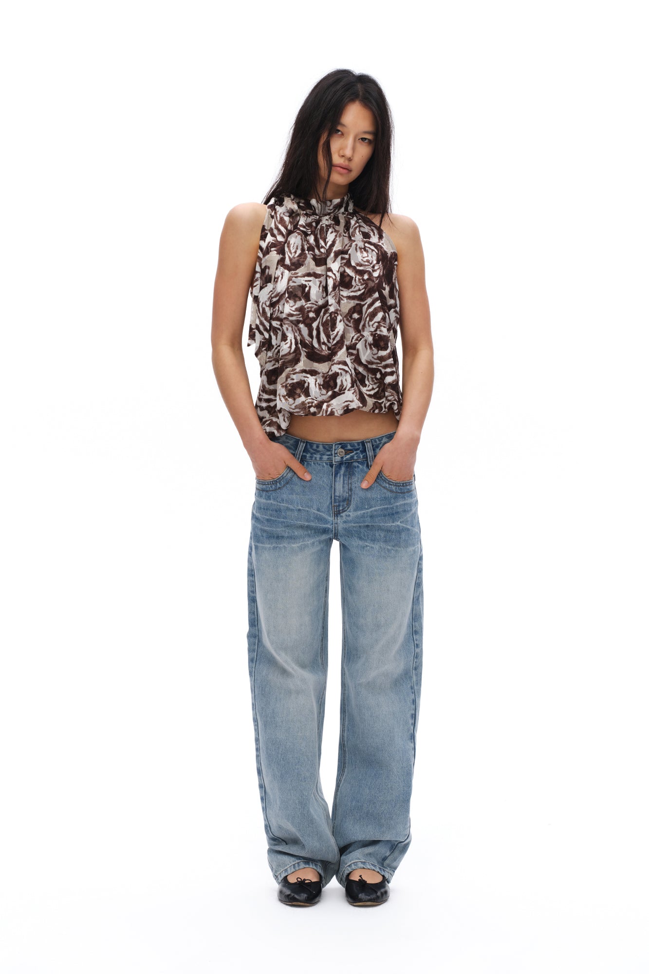OINIMI Rose Full-Print Tie-Neck Halter Top