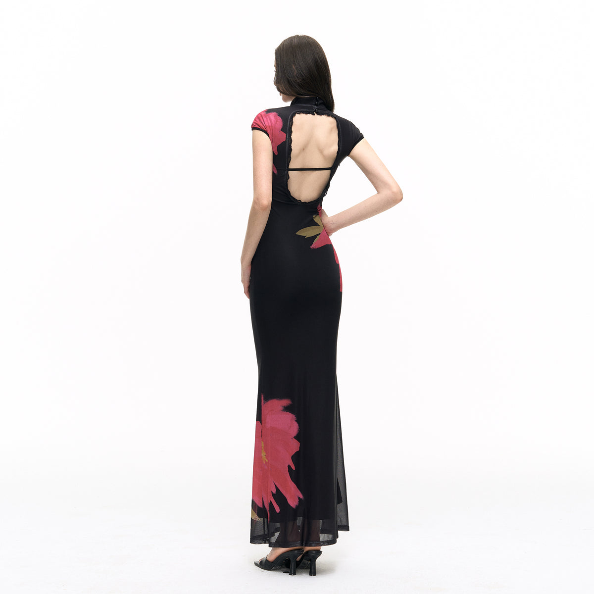 HIIMDAI Floral-Print Slim Qipao Maxi Dress